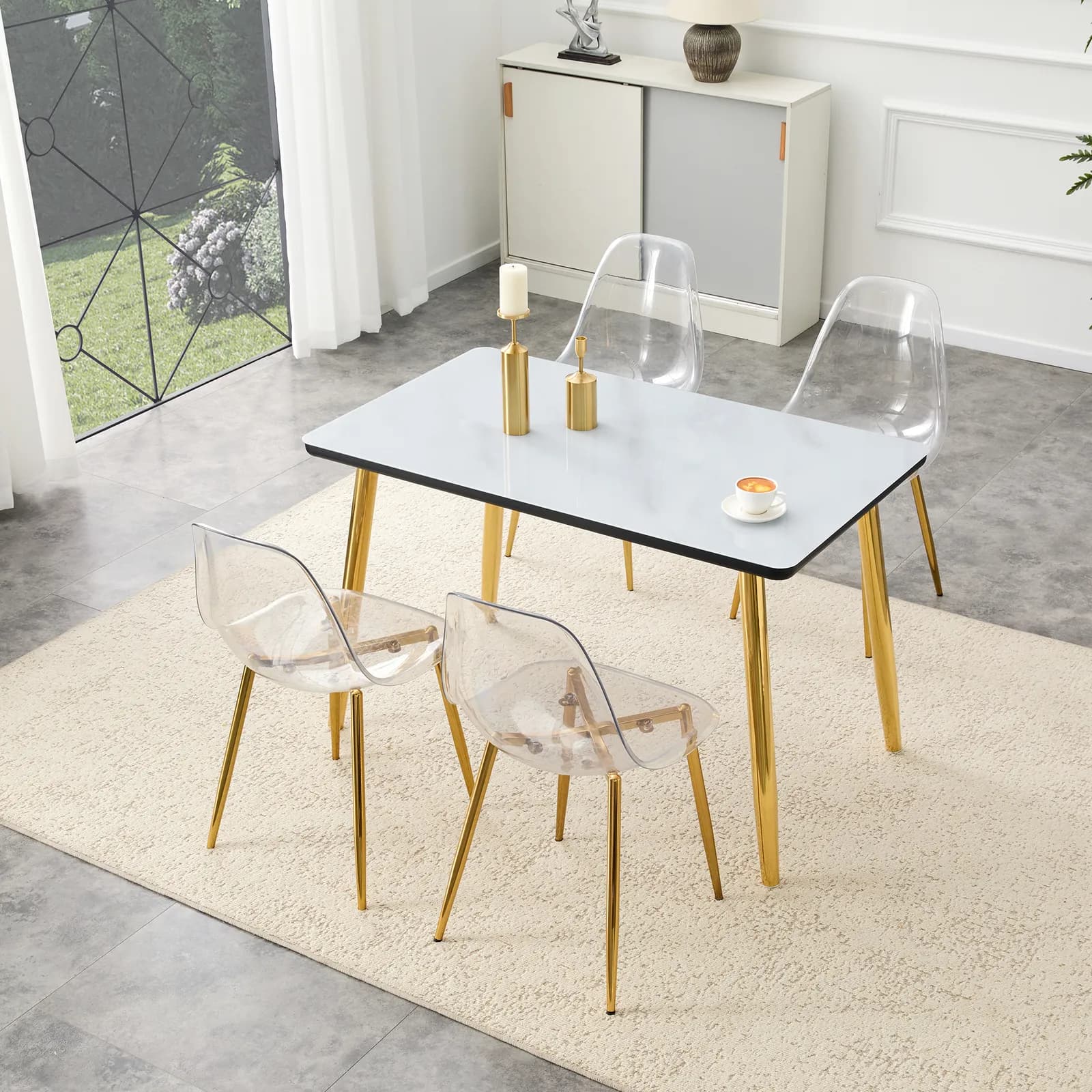 Table and chair set, White imitation marble texture glass top + lower black MDF board,…