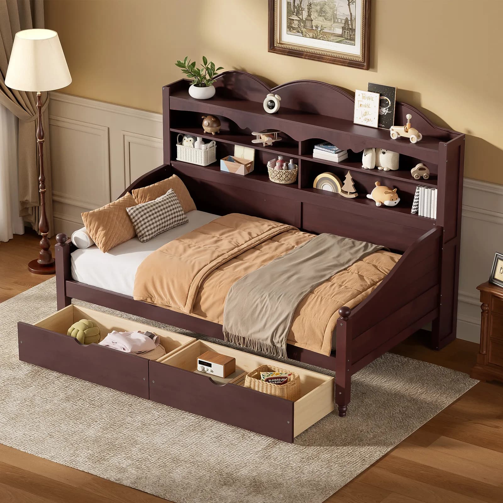 Twin Daybed With Storage Drawers, Wooden Twin Day Bed With Storage Headboard Shelving,…