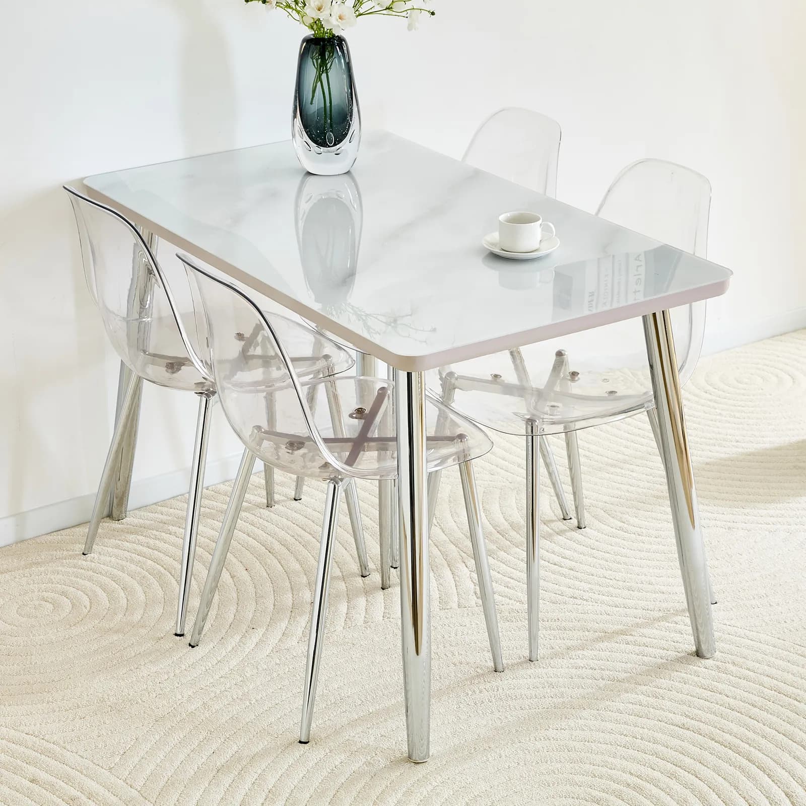Table and chair set, White imitation marble texture glass countertop + lower MDF board,…