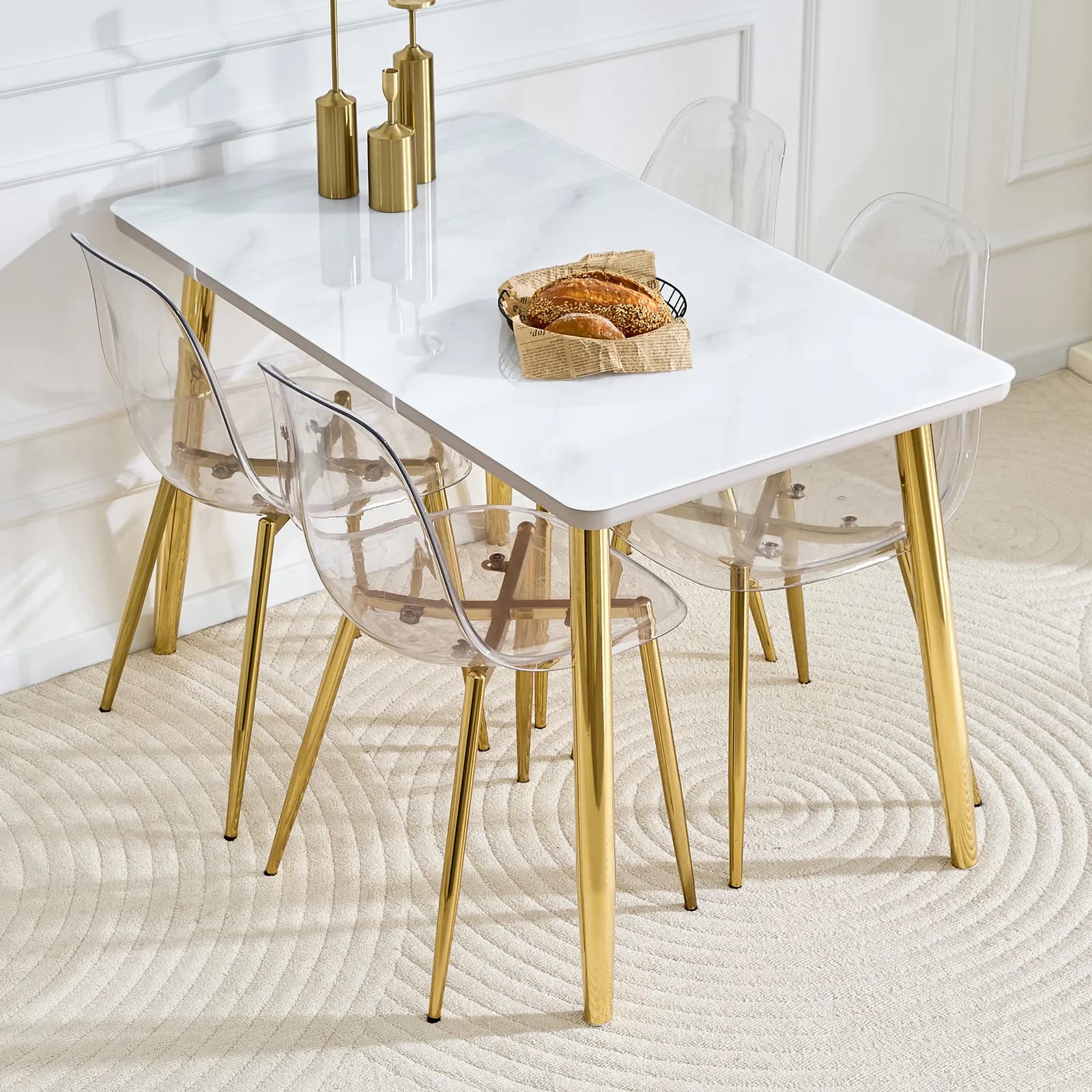 Table and chair set, White imitation marble texture glass countertop + lower MDF board,…