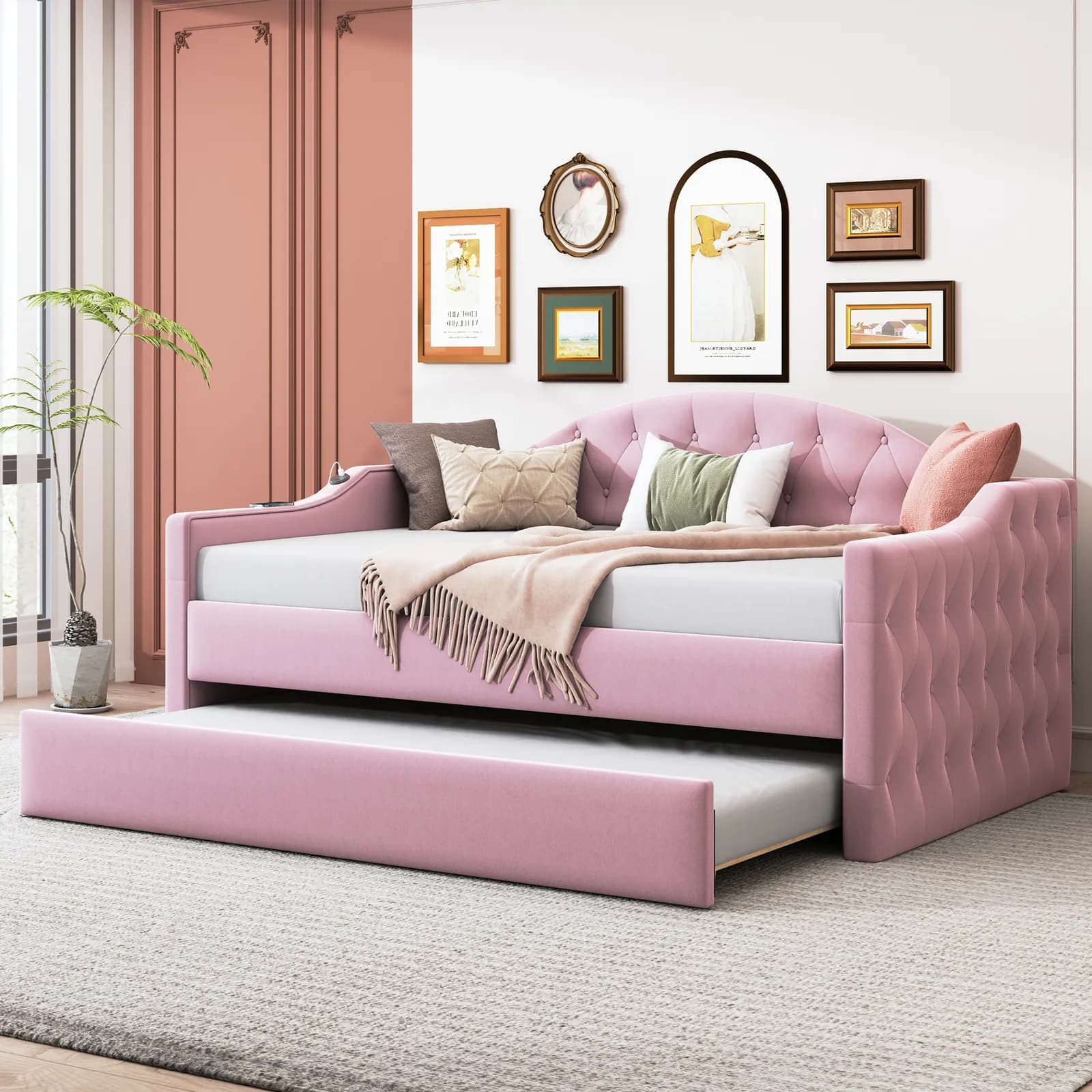 Twin Size Tufted Upholstered Daybed with Trundle, Velvet Sofabed with USB&Type-C Charging…