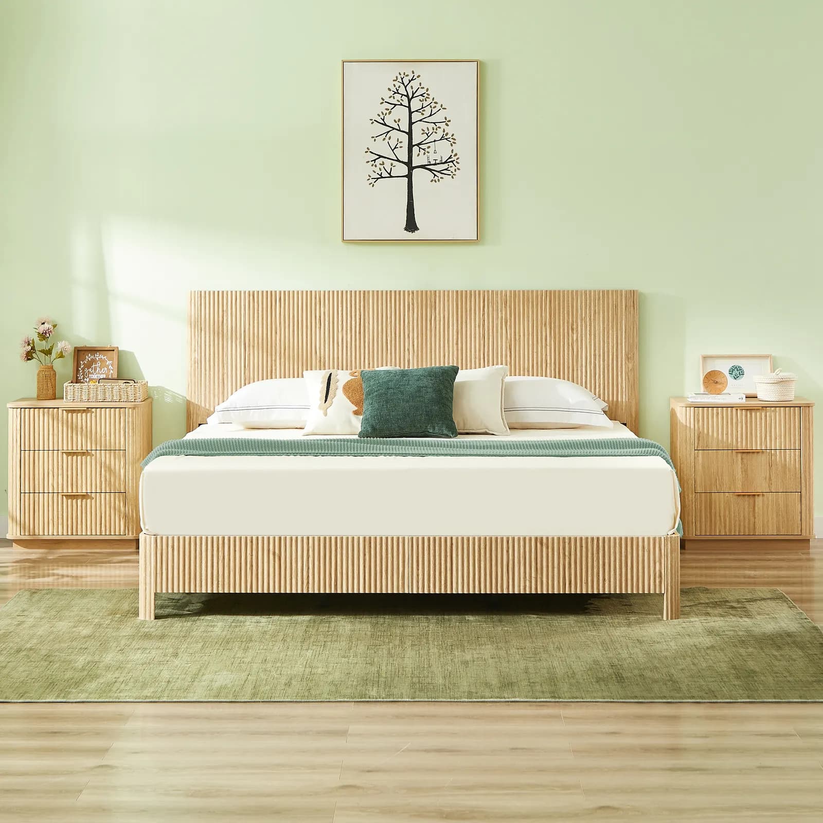 King Size Wooden corrugated curved lines, No Box Spring Needed, Oak