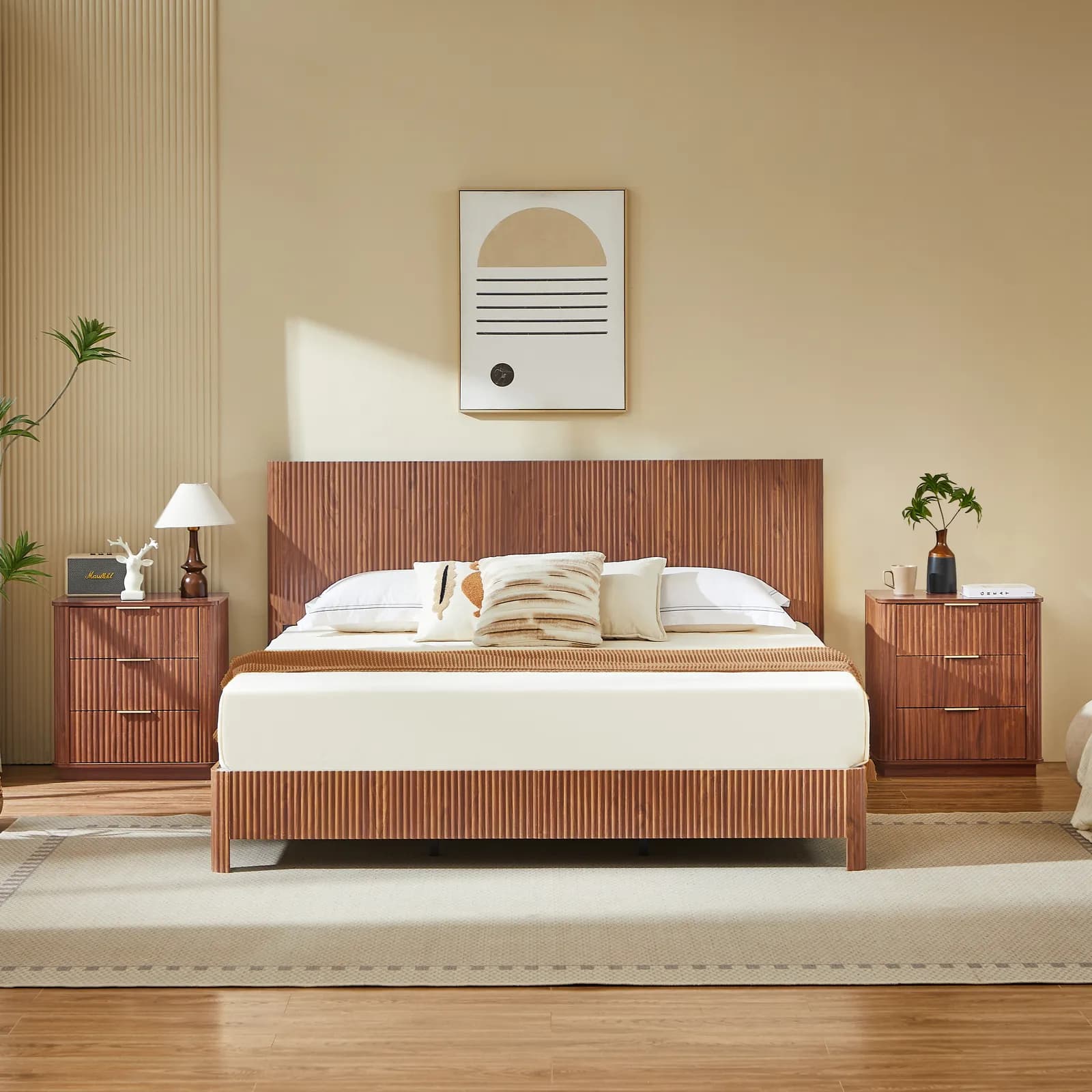 King Size Wooden corrugated curved lines, No Box Spring Needed, Walnut