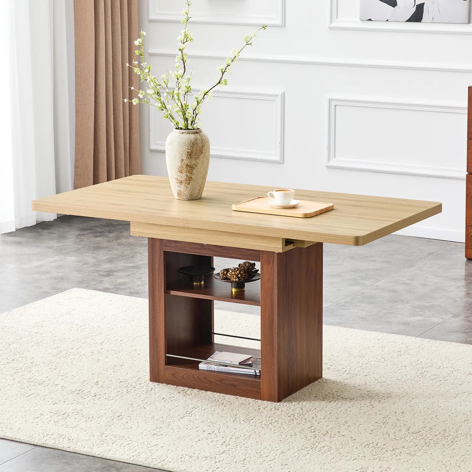 An expandable dining table with storage space, a 59 inch to 71 inch expandable kitchen…