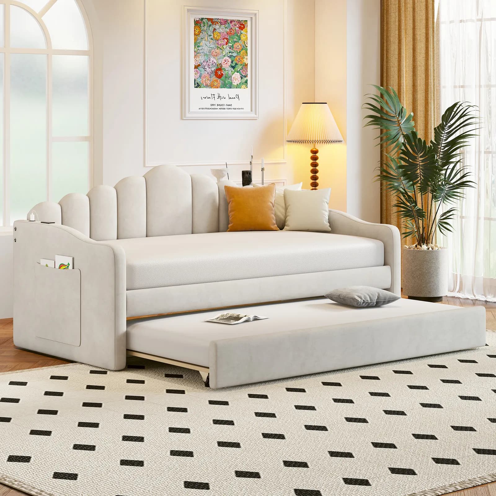 Twin size Upholstered Daybed with Trundle, Velvet Sofabed with USB Charging Ports, No…
