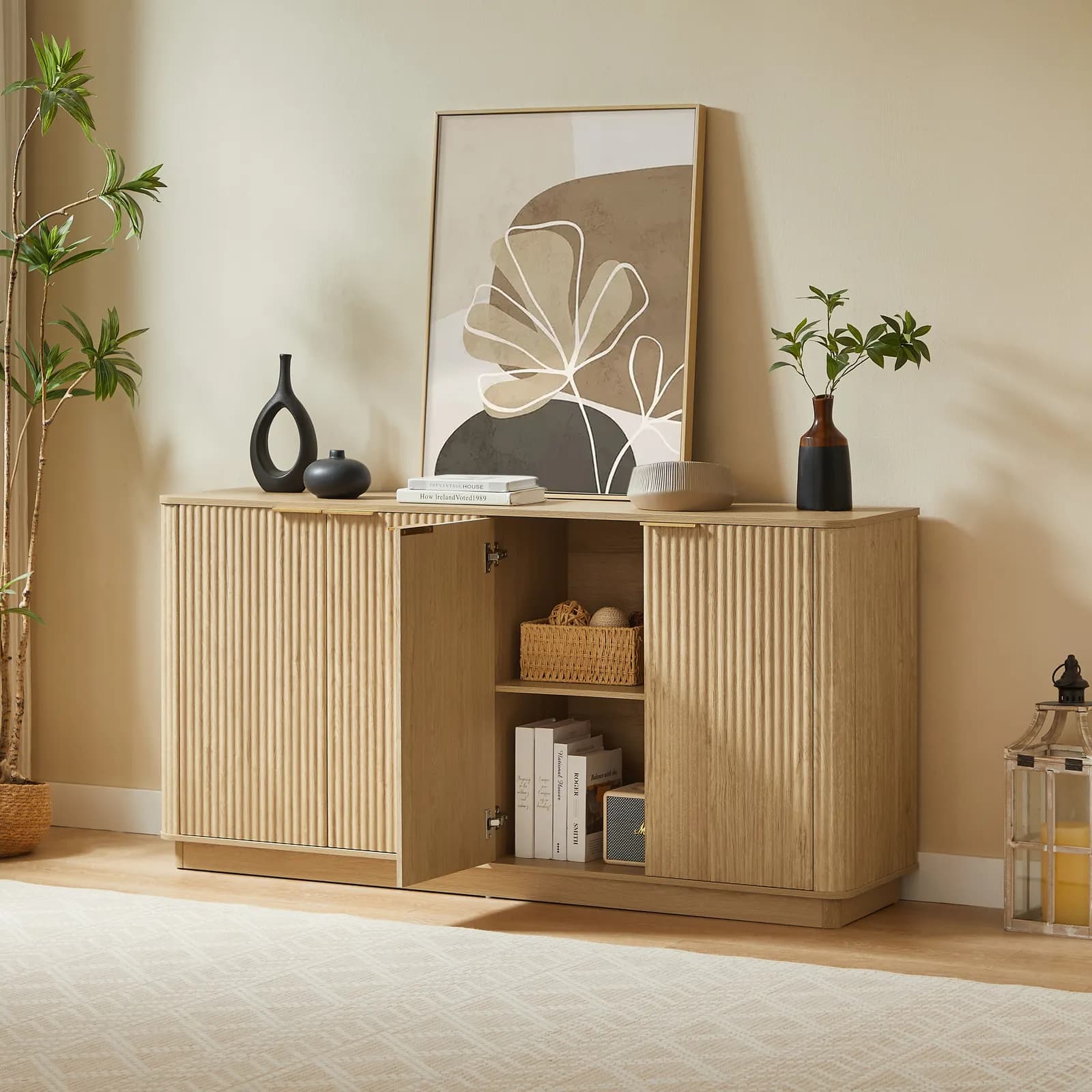 63" Vertical Stripe Buffet Cabinet Sideboard with stoarge, Curved wave Design, TV Stand,…