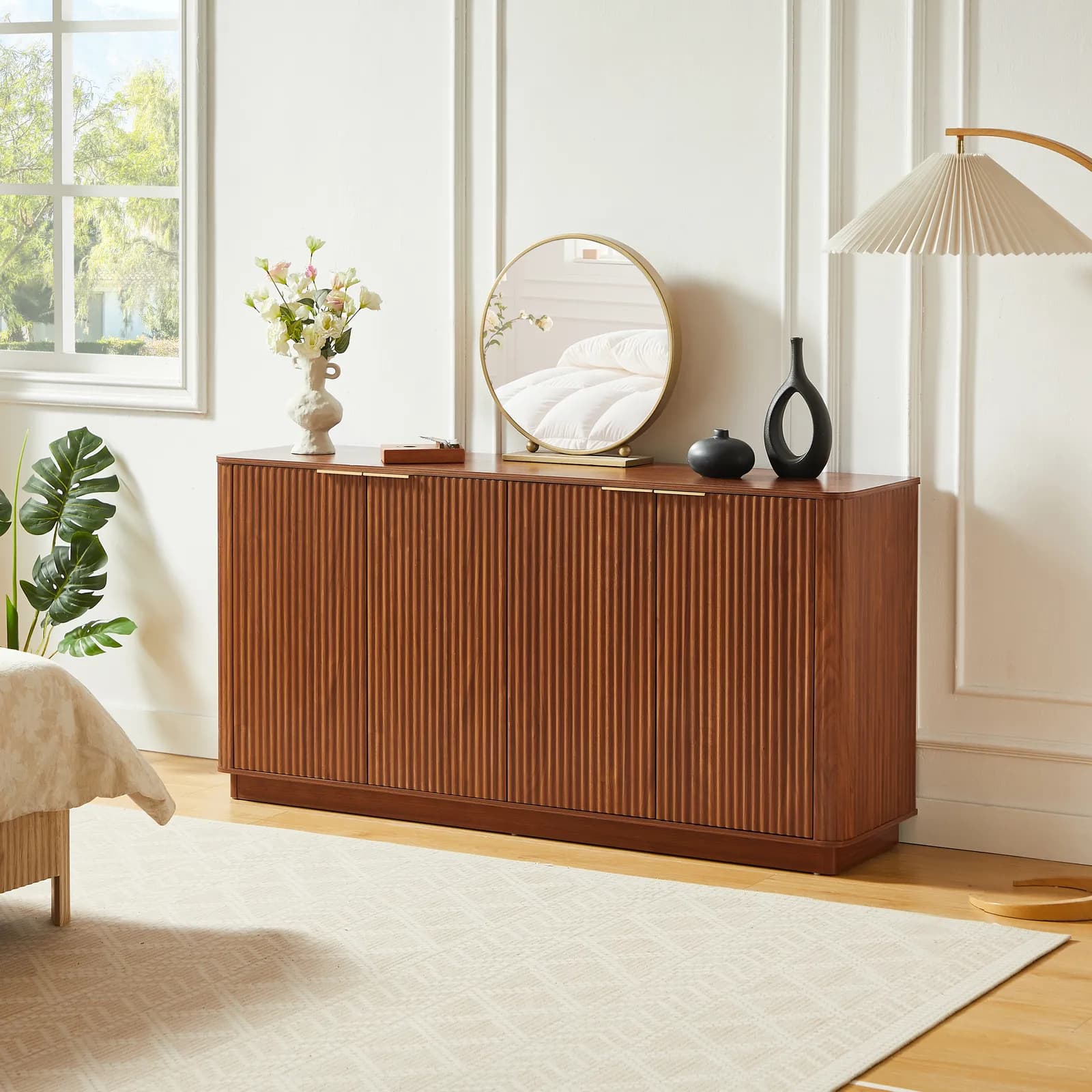 63" Vertical Stripe Buffet Cabinet Sideboard with stoarge, Curved wave Design, TV Stand,…