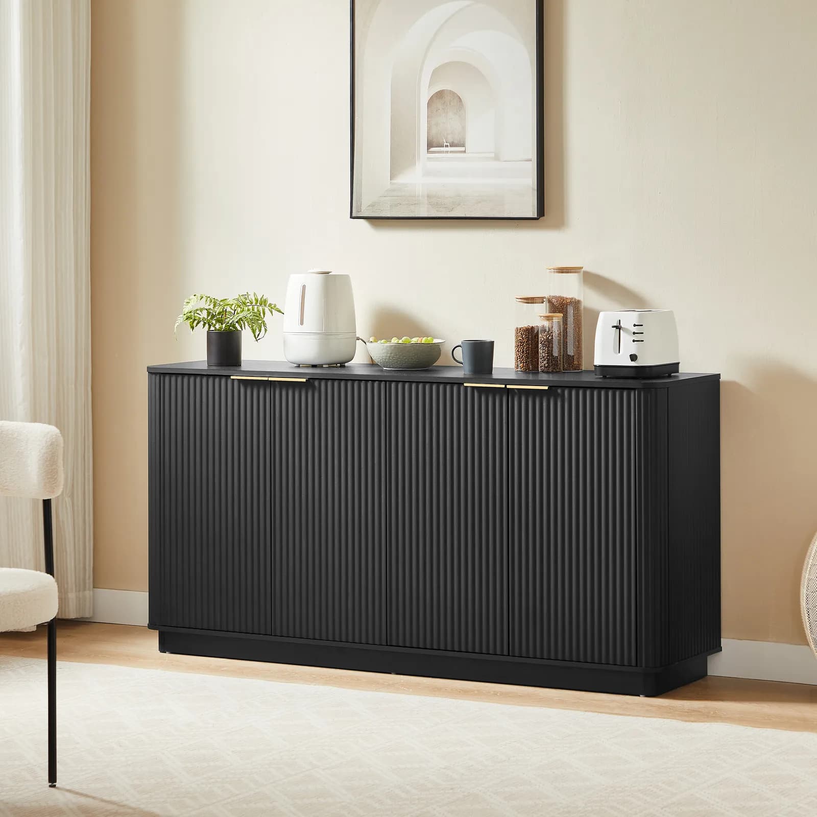63" Vertical Stripe Buffet Cabinet Sideboard with stoarge, Curved wave Design, TV Stand,…