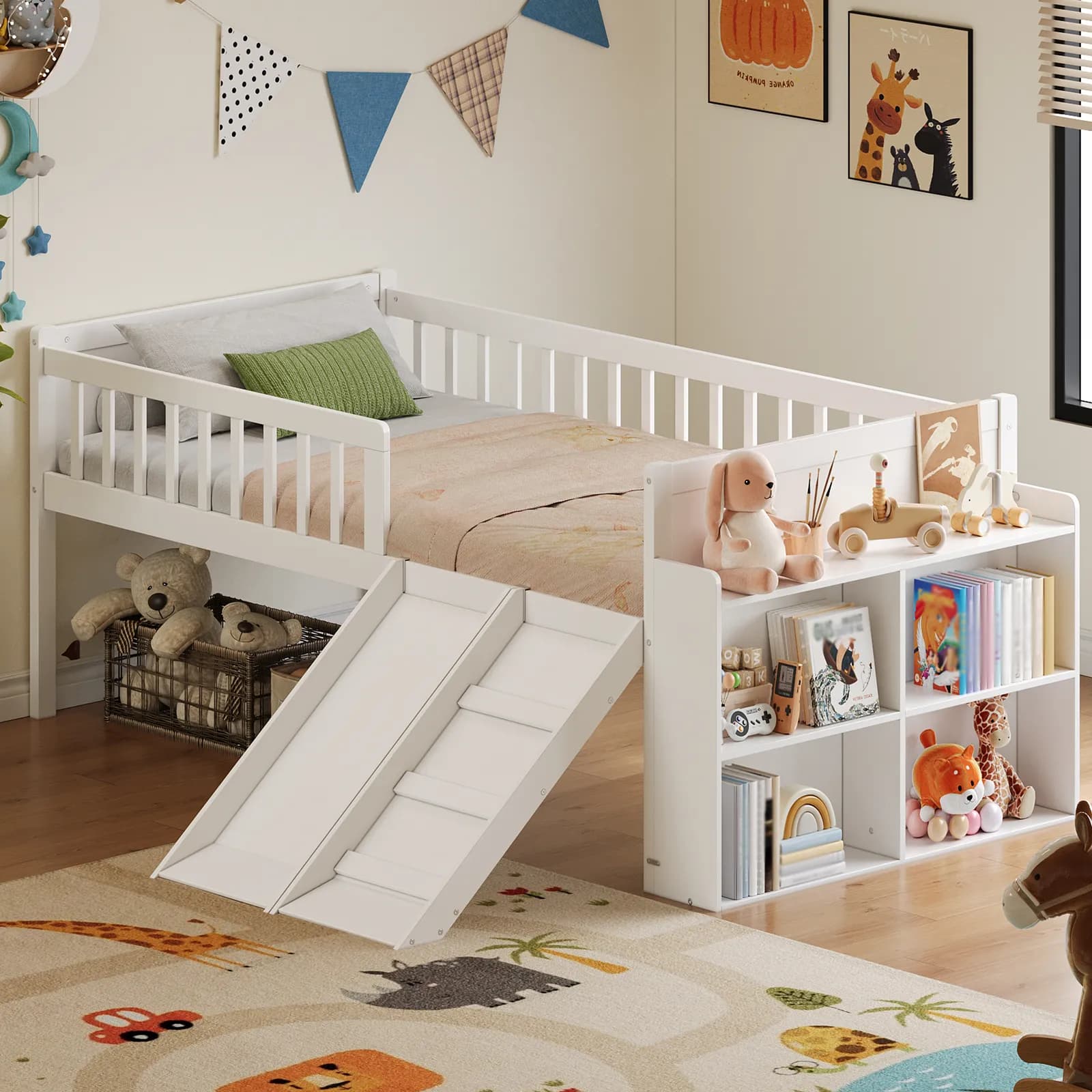 Twin Bed Frame with Storage Shelf, Wooden Bed Frame with Slide and Ladder, Platform Twin…
