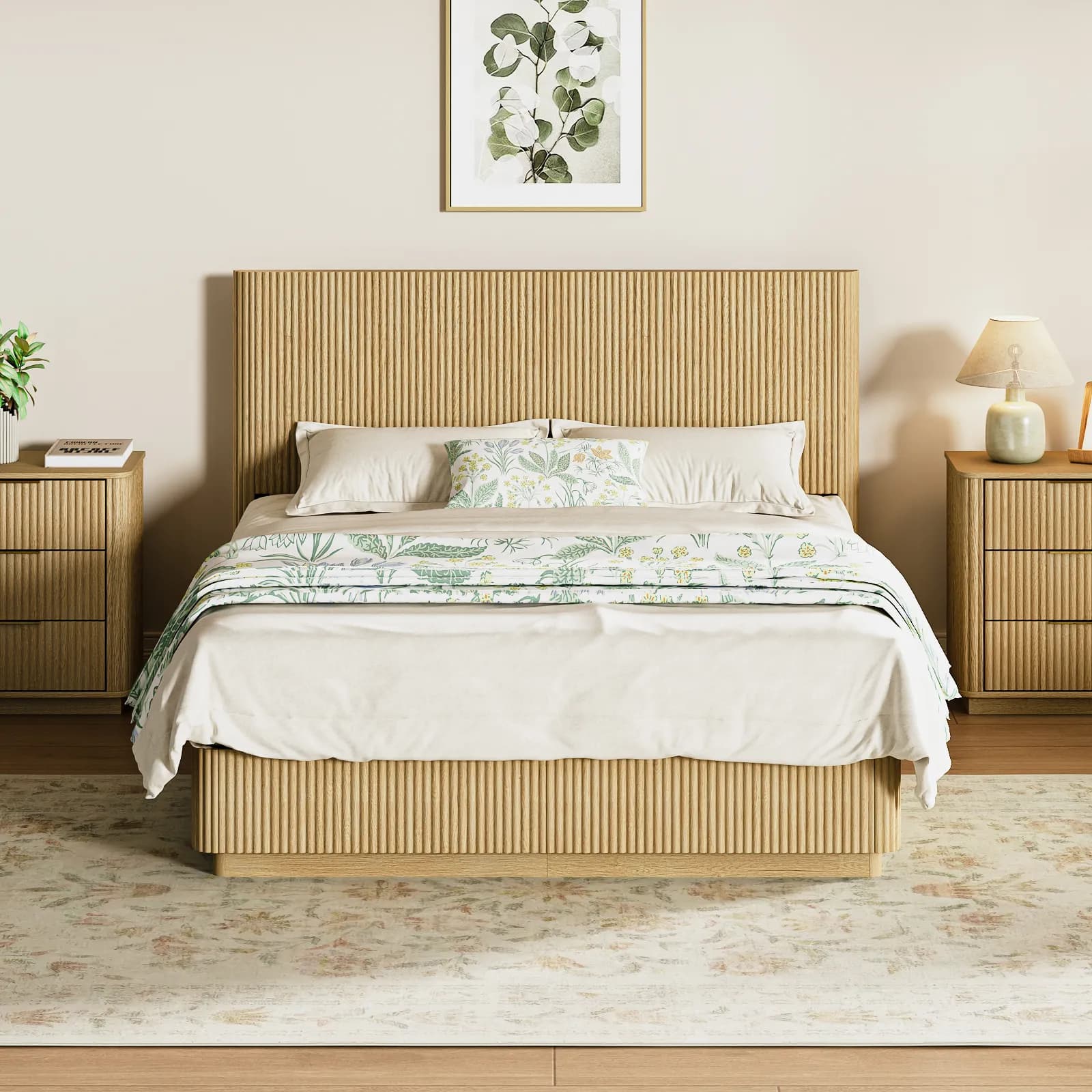 Queen Size Bed Frame with LED Lights, Modern Wooden Corrugated Curved Lines, Convex…
