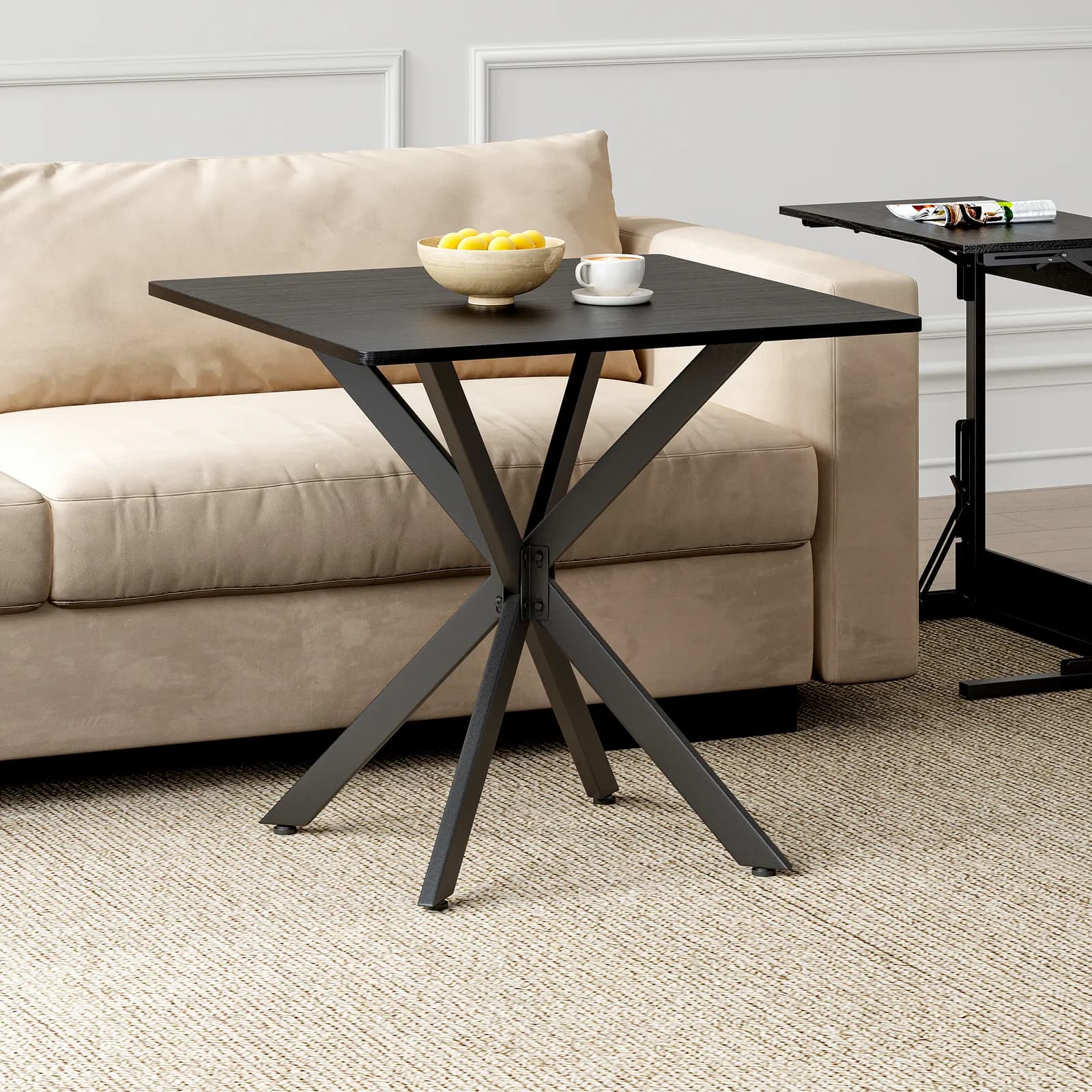 Rustic Square Side Table, X-Frame Metal Legs with Wood Grain Tabletop, Industrial Accent…