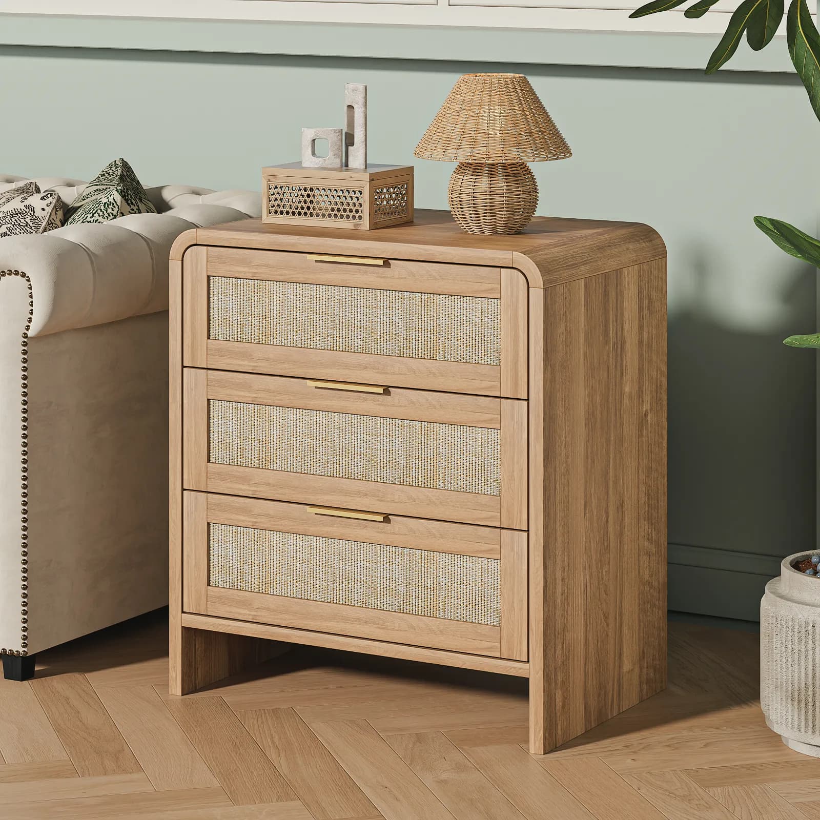 Rattan Nightstand with 3 Drawers, 22, 8" Wide Curved Wooden Bedside Table, Modern Storage…