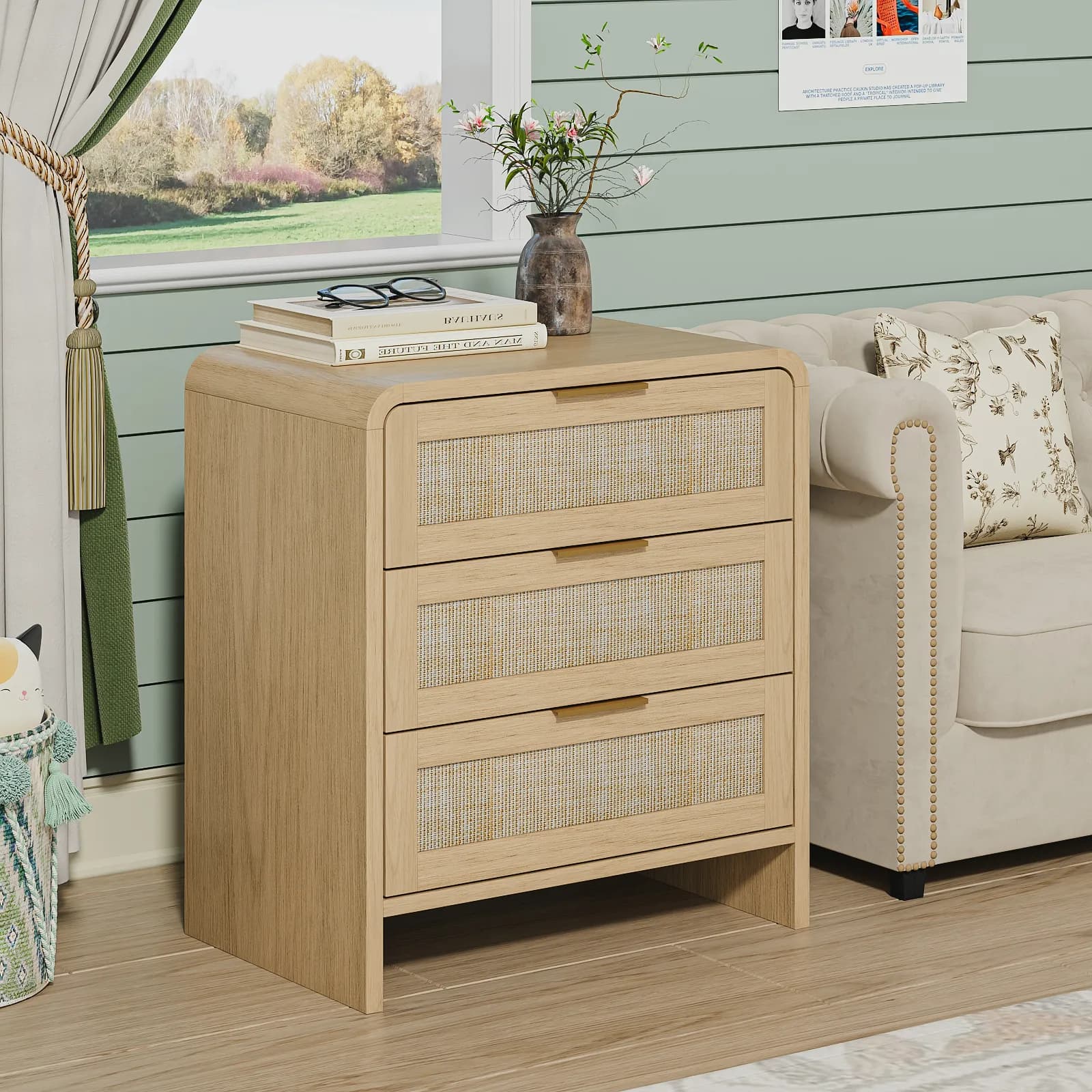 Rattan Nightstand 3 Drawers, 22, 8" Wide Curved Wooden Bedside Table, Modern Storage for…