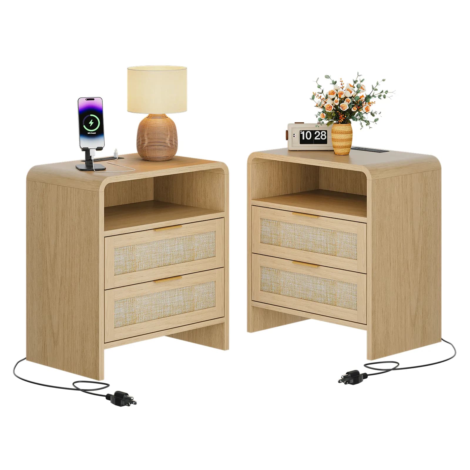 Rattan Nightstand with Charging Station Set of 2, 2 Drawers & Open Shelf, 22, 8" Wide…