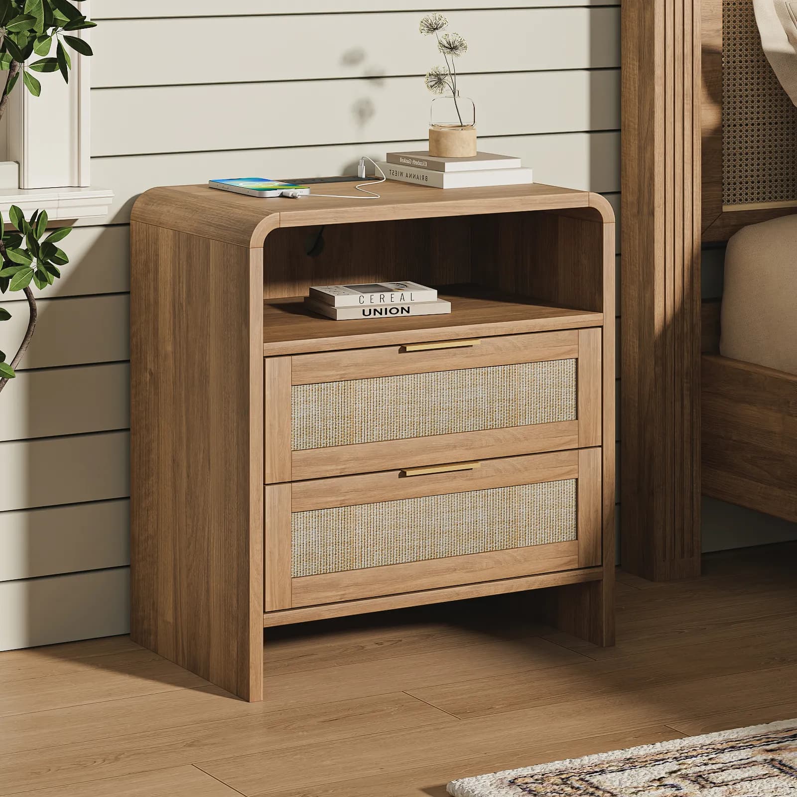 Rattan Nightstand with Charging Station, 2 Drawers & Open Shelf, 22, 8" Wide Curved…