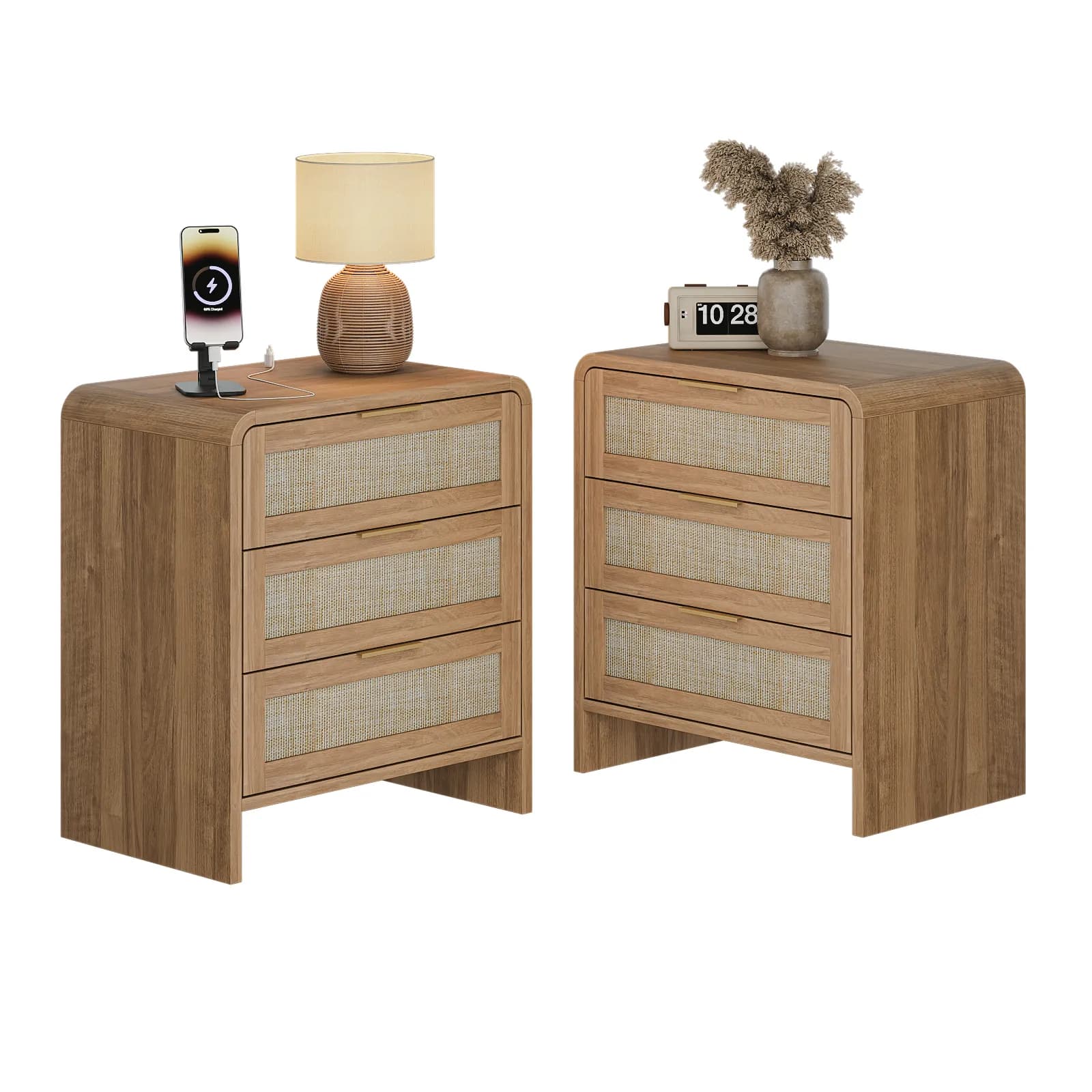 Rattan Nightstand with 3 Drawers set of 2, 22, 8" Wide Curved Wooden Bedside Table,…