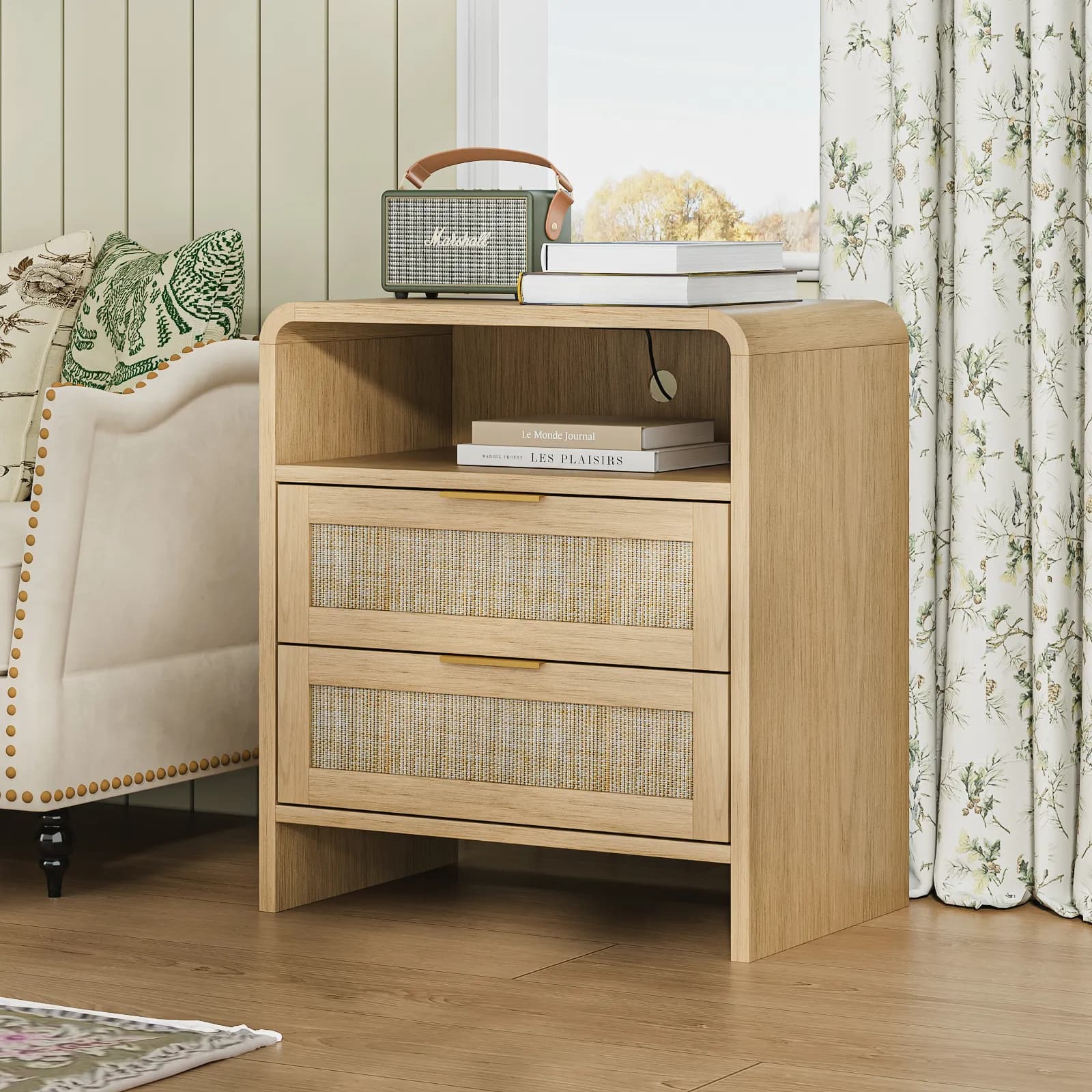 Rattan Nightstand with Charging Station, 2 Drawers & Open Shelf, 22, 8" Wide Curved…