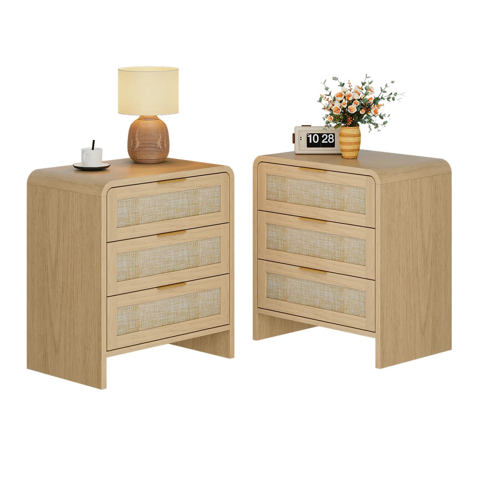 Rattan 3 Drawers Nightstand set of 2, 22, 8" Wide Curved Wooden Bedside Table, Modern…
