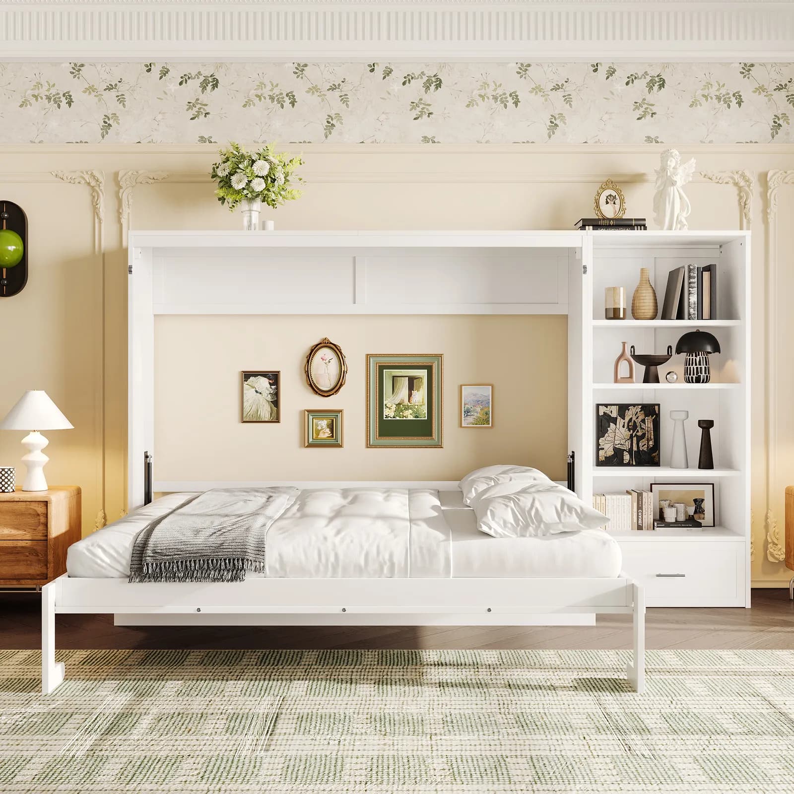 Queen Size Murphy Bed with Height Adjustable Storage Compartments and Shelf, Wall Bed…