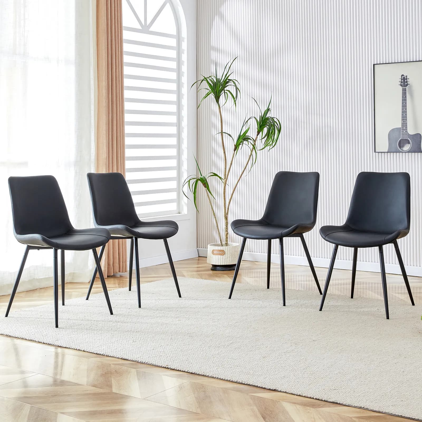 Black artificial leather backrest cushion dining chair, black metal legs, curved widened…