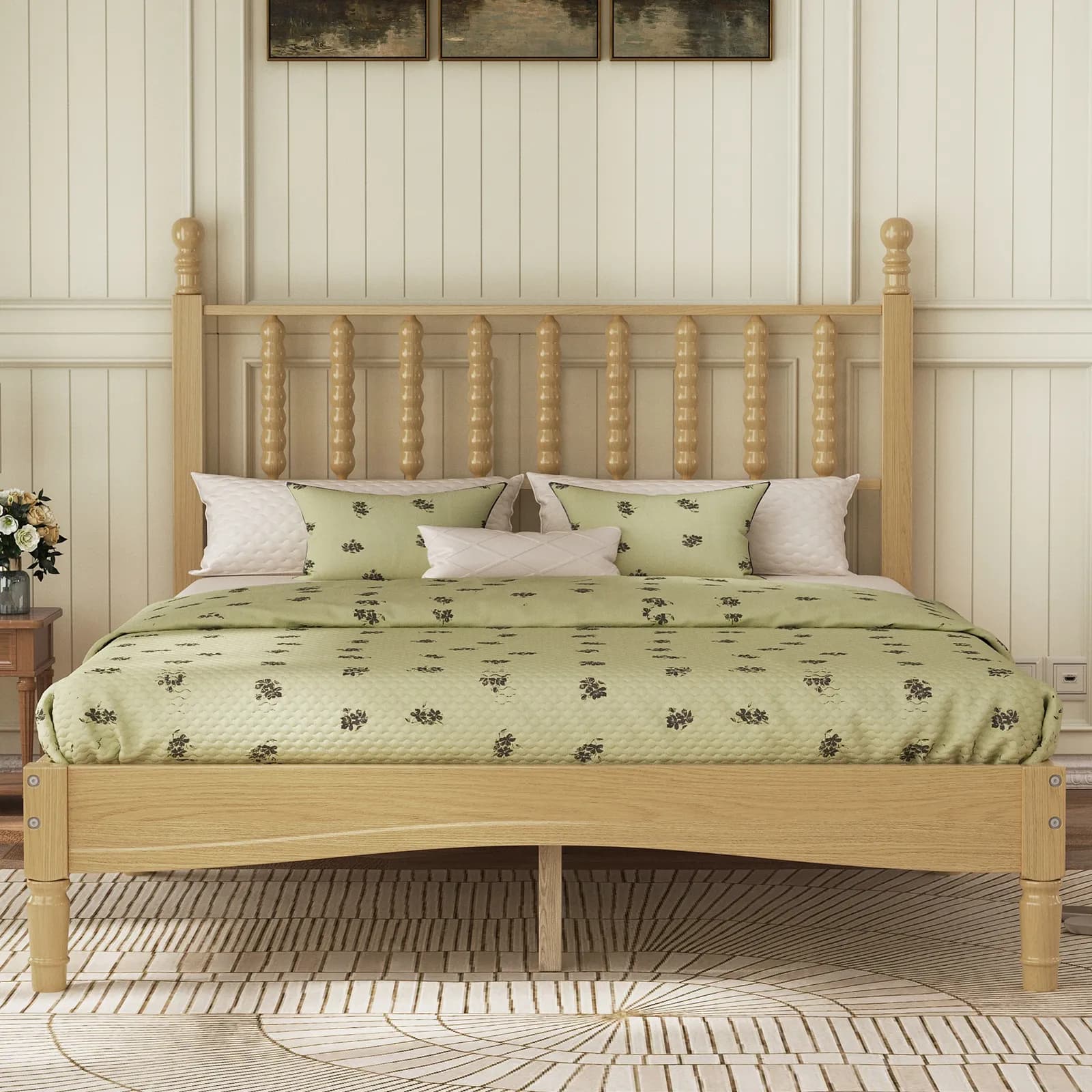 Full Size Wood Platform Bed with Gourd Shaped Headboard, Retro Style Platform Bed with…