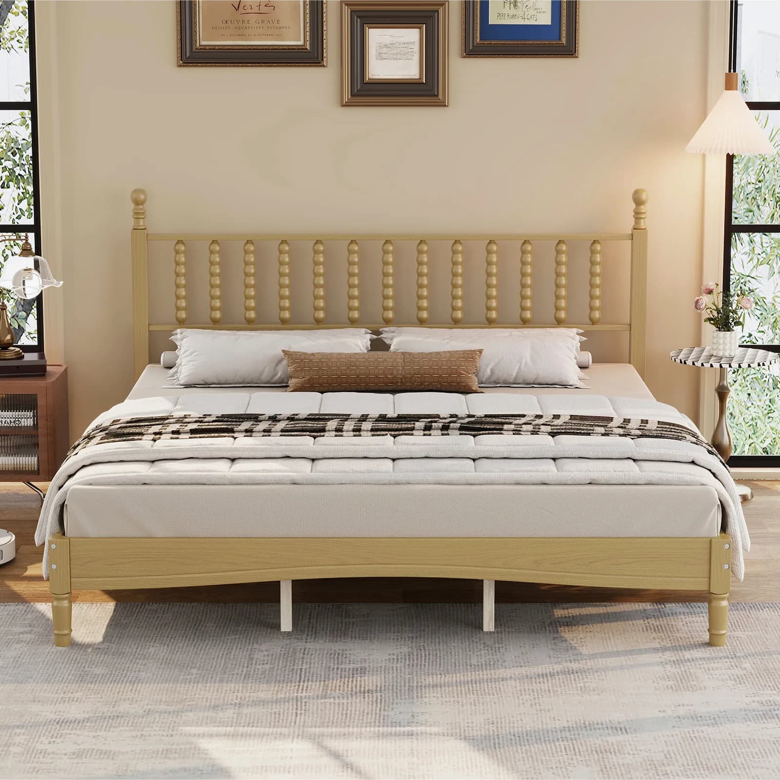 King Size Wood Platform Bed with Gourd Shaped Headboard, Retro Style Platform Bed with…