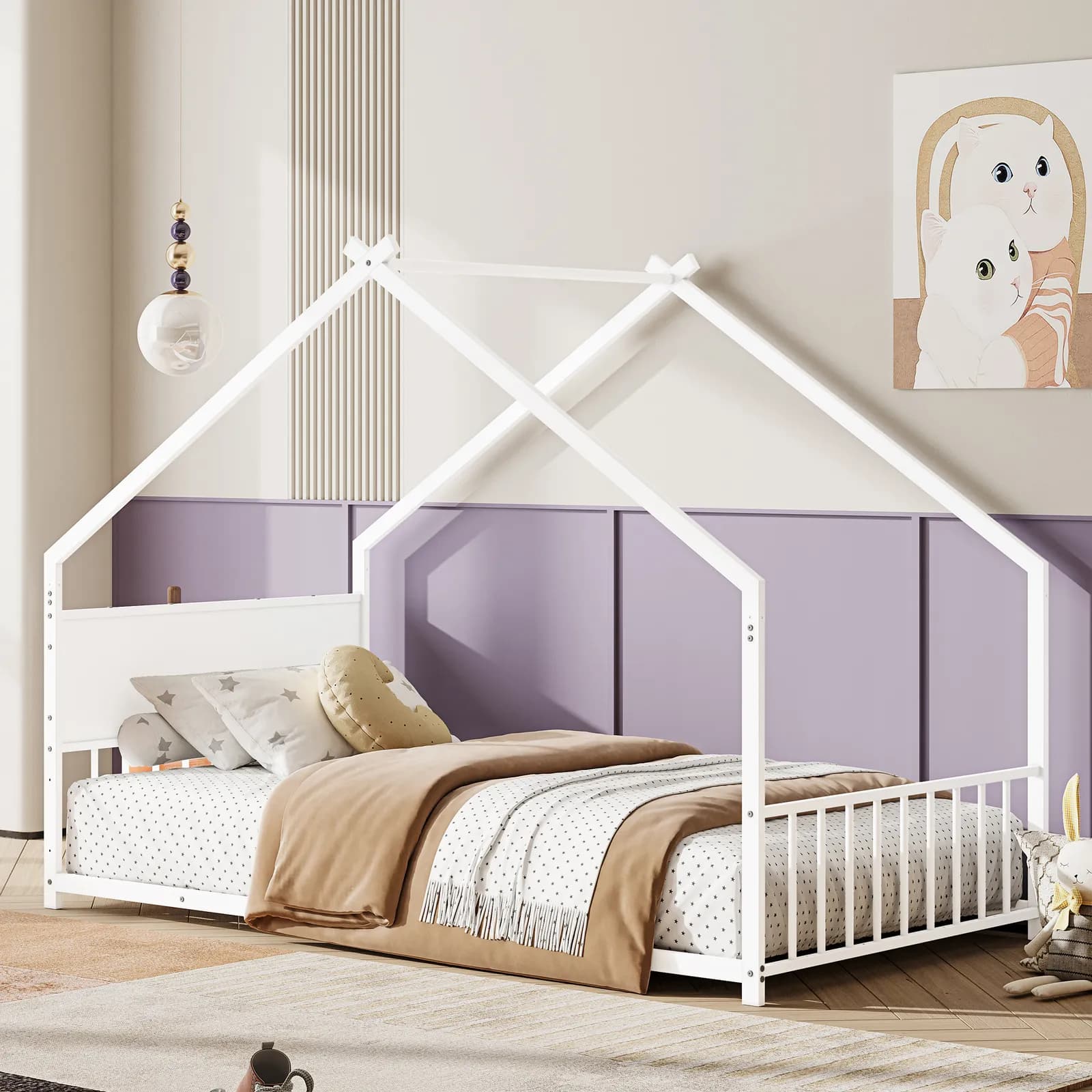 Twin Size House Bed with Roof and Colorful Lights, Metal Bed Frame with Slats and Legs,…
