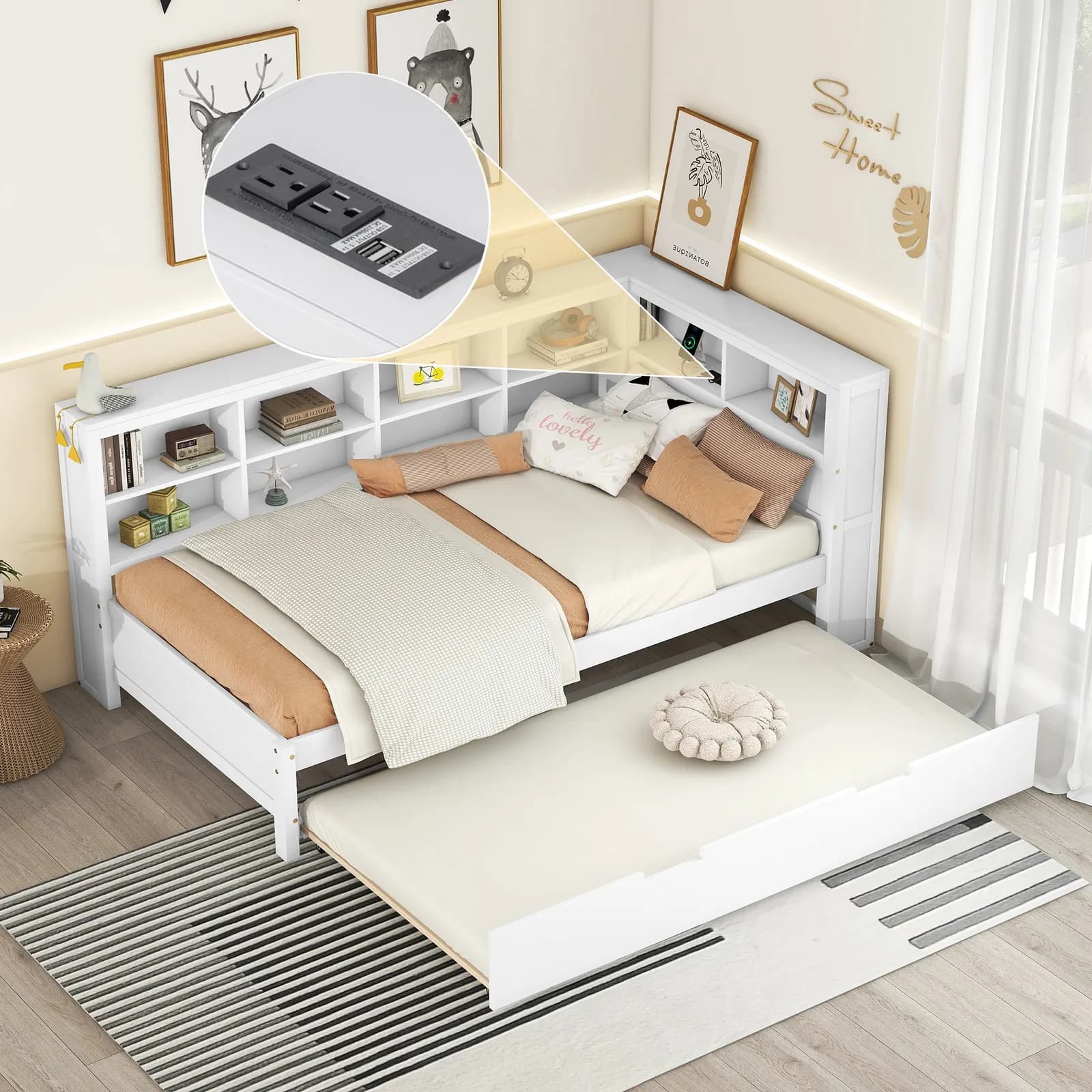 Wooden Twin Size DayBed with Twin Trundle, DayBed with Storage Shelf and USB Charging…