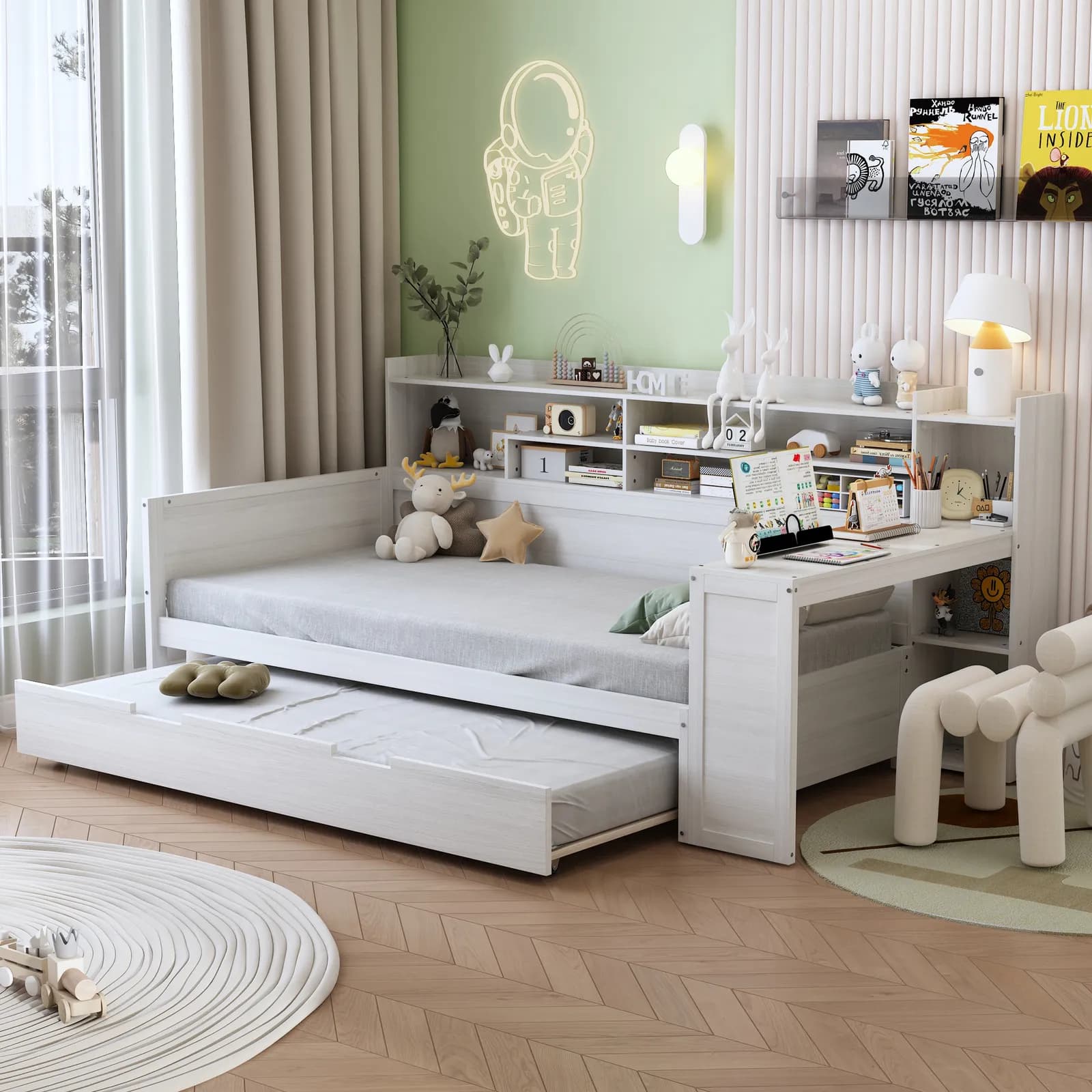 Wooden Twin Size Daybed with Storage Shelves, Multi-functional Bed with Twin Size Trundle…