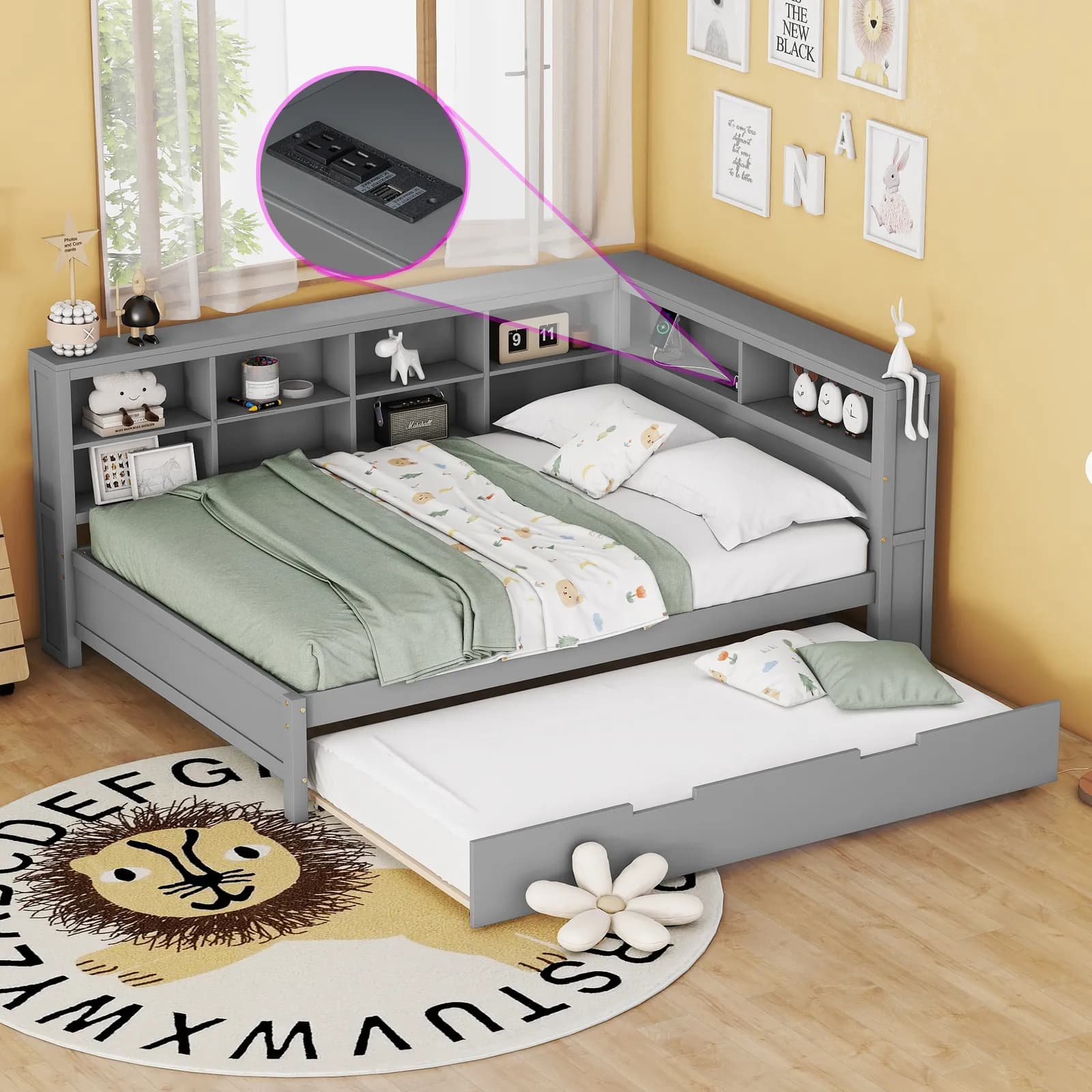 Wooden Full Size DayBed with Twin Size Trundle, DayBed with Storage Shelf and USB…