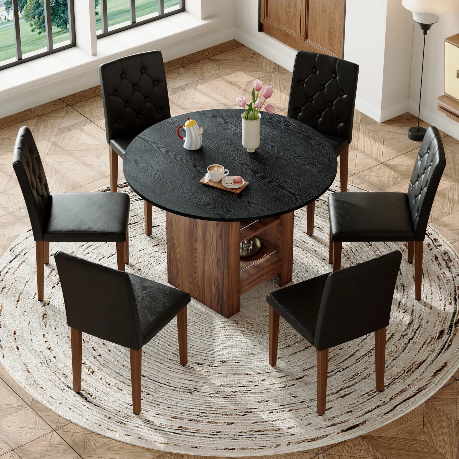 Table and chair set, 42 inch round MDF black dining table with double-layer storage…