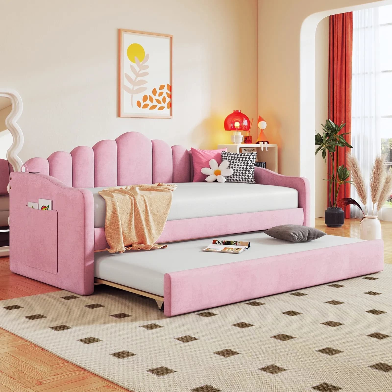 Twin size Upholstered Daybed with Trundle, Velvet Sofabed with USB Charging Ports, No…