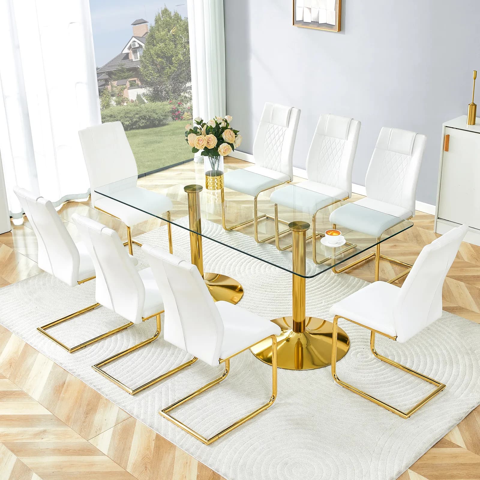 Table and chair set, 71 inch x 35, 4-inch tempered glass table, White High-quality PU…