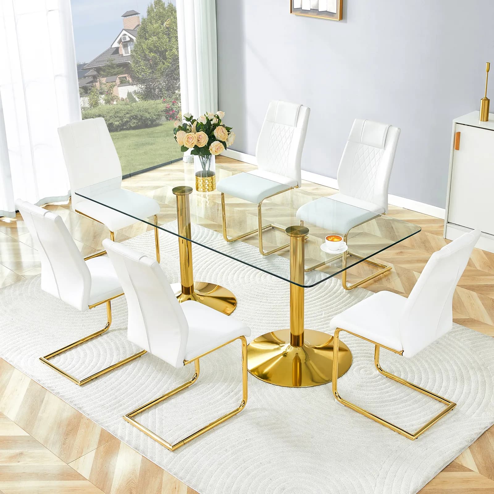 Table and chair set, 71 inch x 35, 4-inch tempered glass table, White High-quality PU…