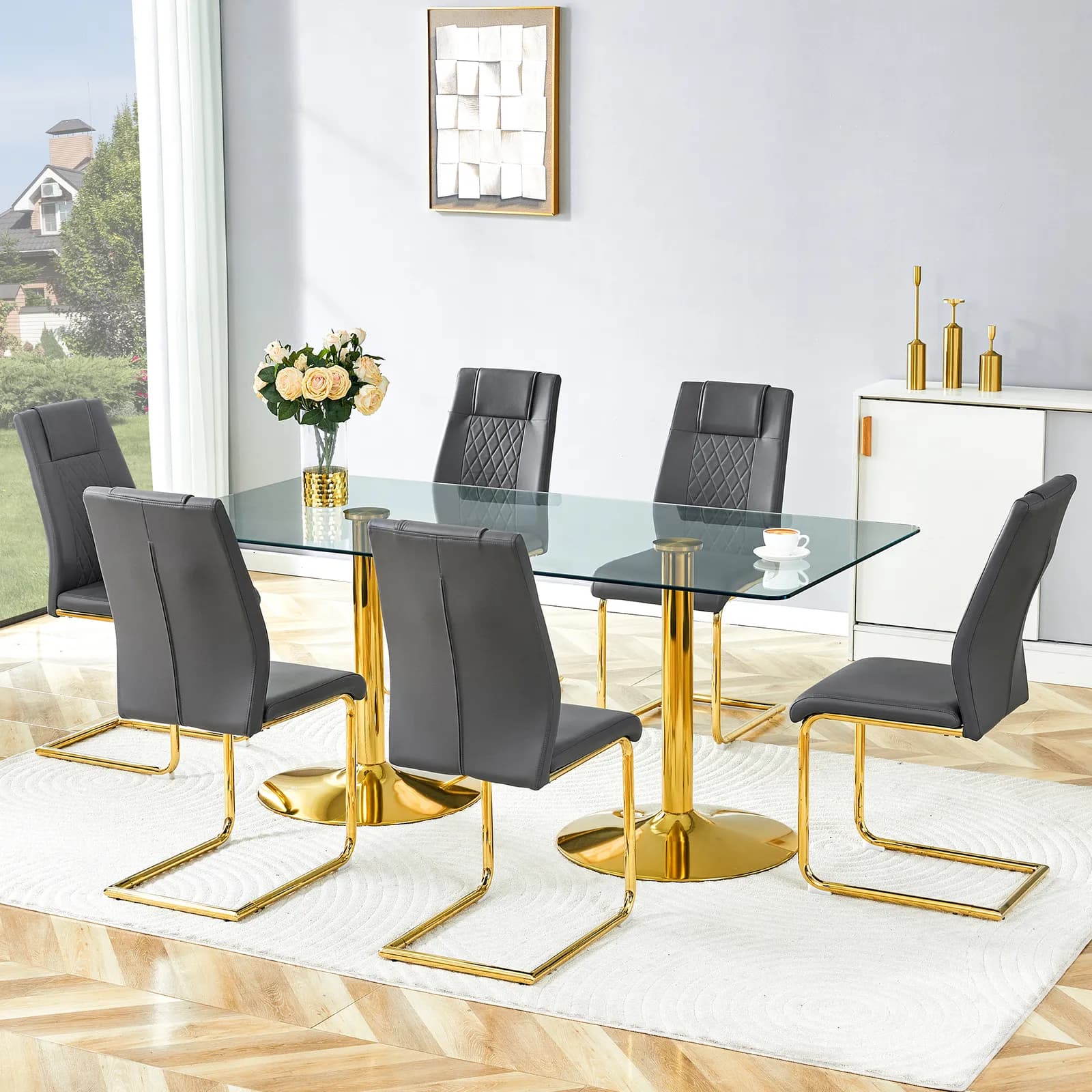 Table and chair set, 71 inch x 35, 4-inch tempered glass table, Dark gray High-quality PU…