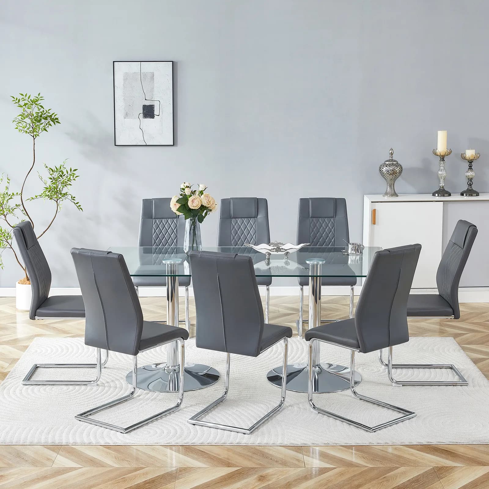 Table and chair set, 71 inch x 35, 4-inch tempered glass table, Dark Gray High-quality PU…