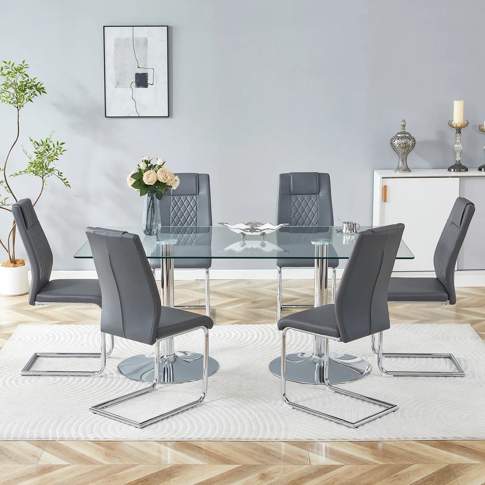 Table and chair set, 71 inch x 35, 4-inch tempered glass table, Dark Gray High-quality PU…