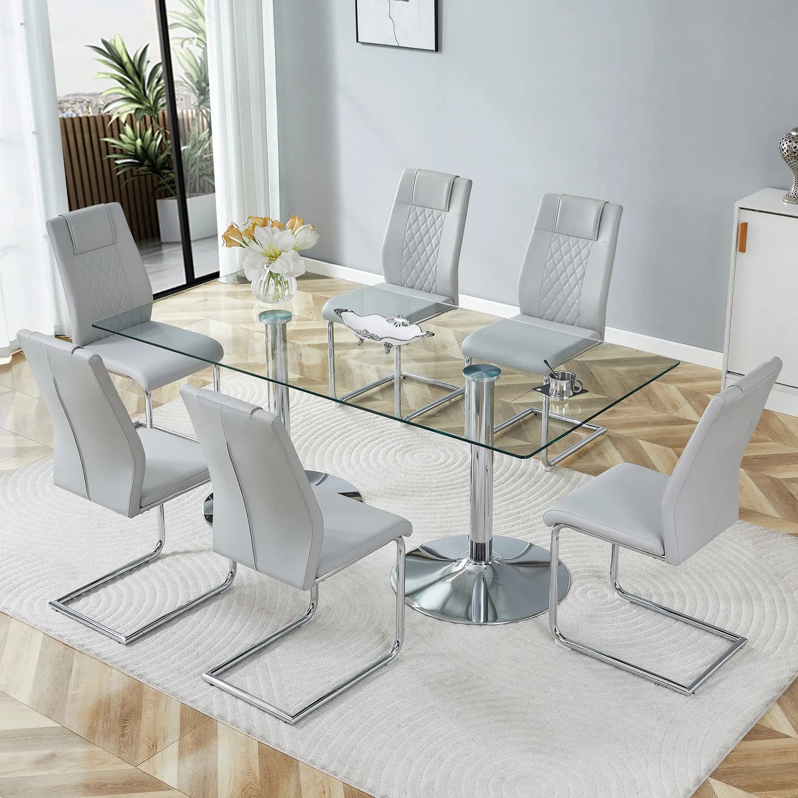 Table and chair set, 71 inch x 35, 4-inch tempered glass table, Light Gray High-quality…