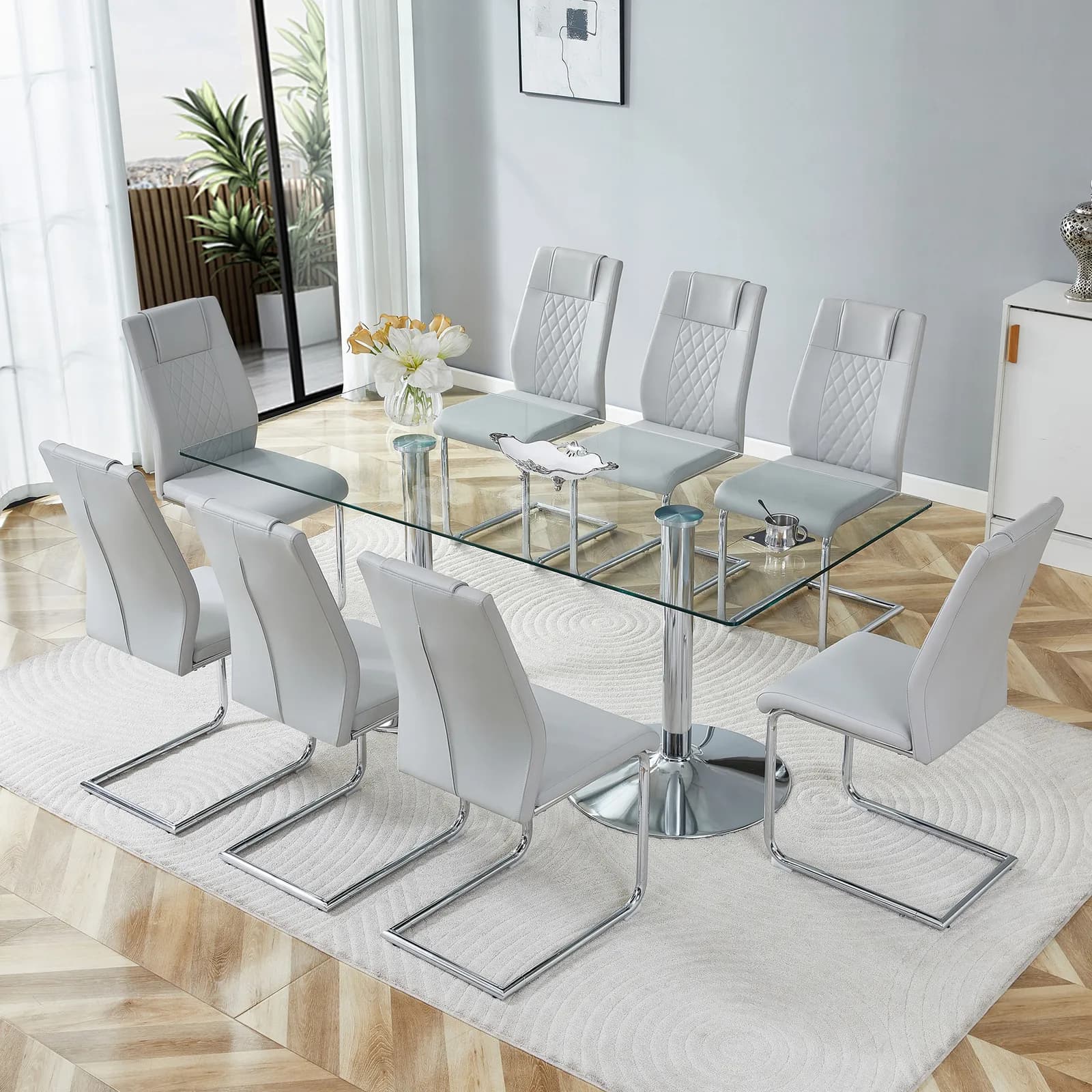 Table and chair set, 71 inch x 35, 4-inch tempered glass table, Light Gray High-quality…