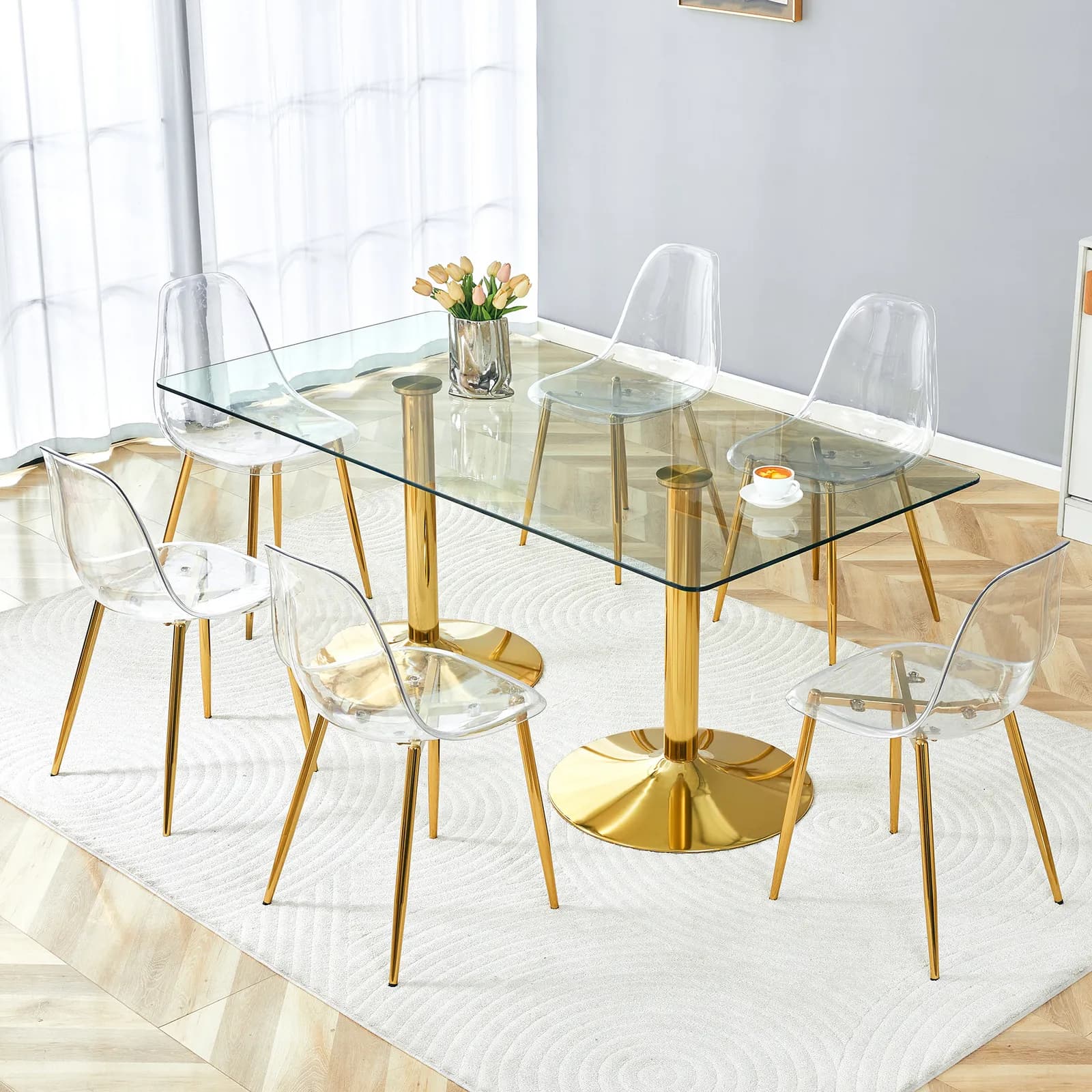 Table and chair set, 71 inch x 35, 4-inch tempered glass table, Paired with 6 Transparent…
