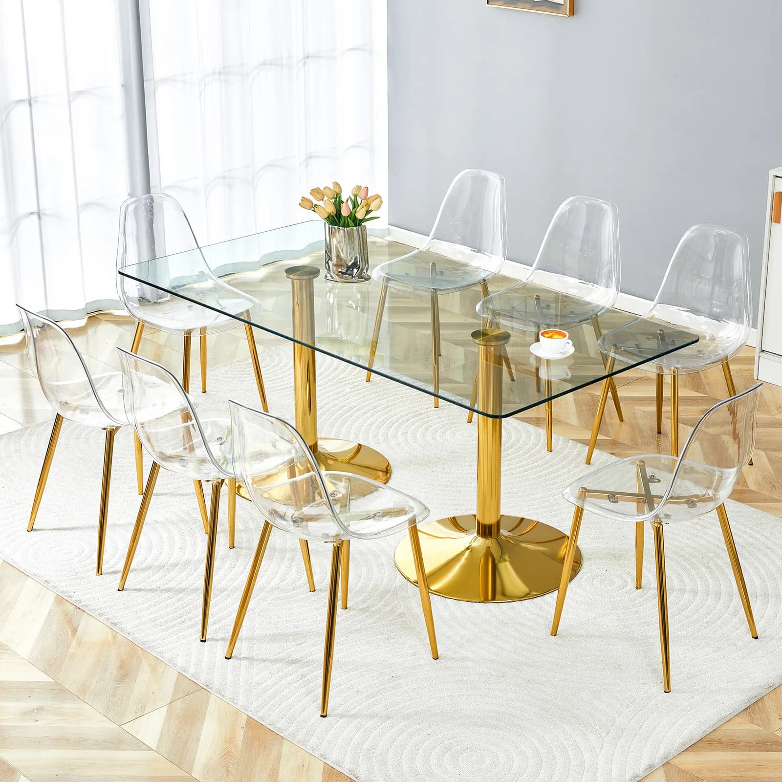 Table and chair set, 71 inch x 35, 4-inch tempered glass table, Paired with 8 Transparent…
