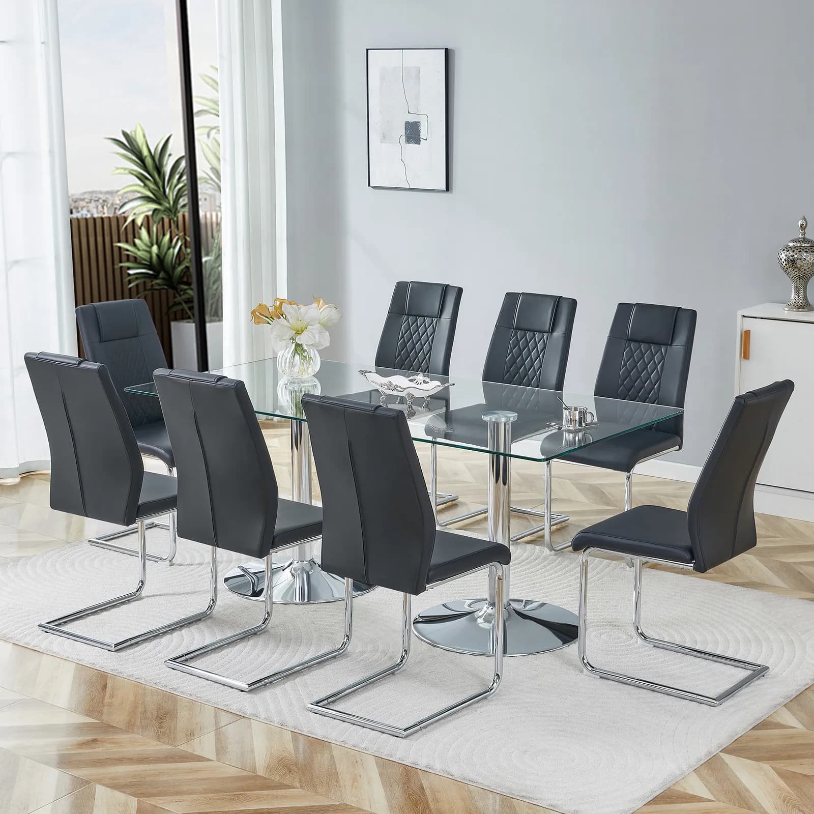 Table and chair set, 71 inch x 35, 4-inch tempered glass table, Black High-quality PU…