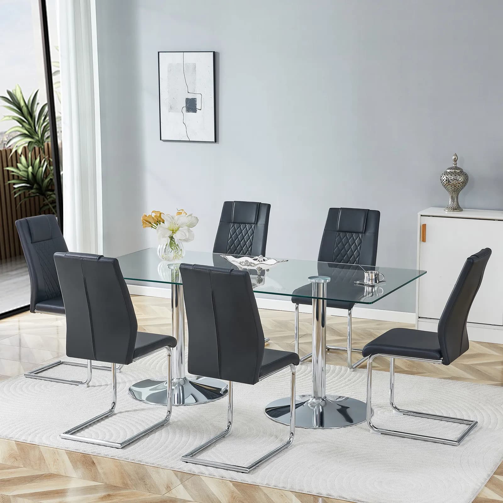 Table and chair set, 71 inch x 35, 4-inch tempered glass table, Black High-quality PU…