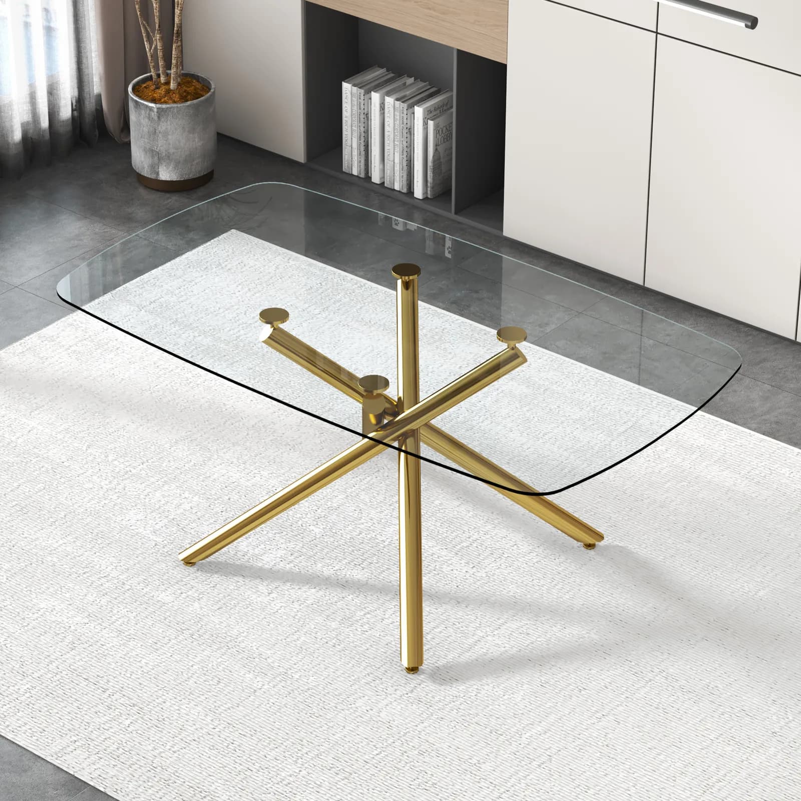 Large Modern Minimalist Rectangular Glass Dining Table with 0, 39" Tempered Glass Top and…