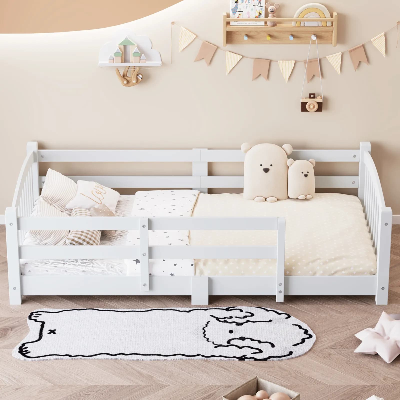 Twin Montessori Floor Bed with Slats and Safety Guardrails, Solid Wood Floor Bed with…