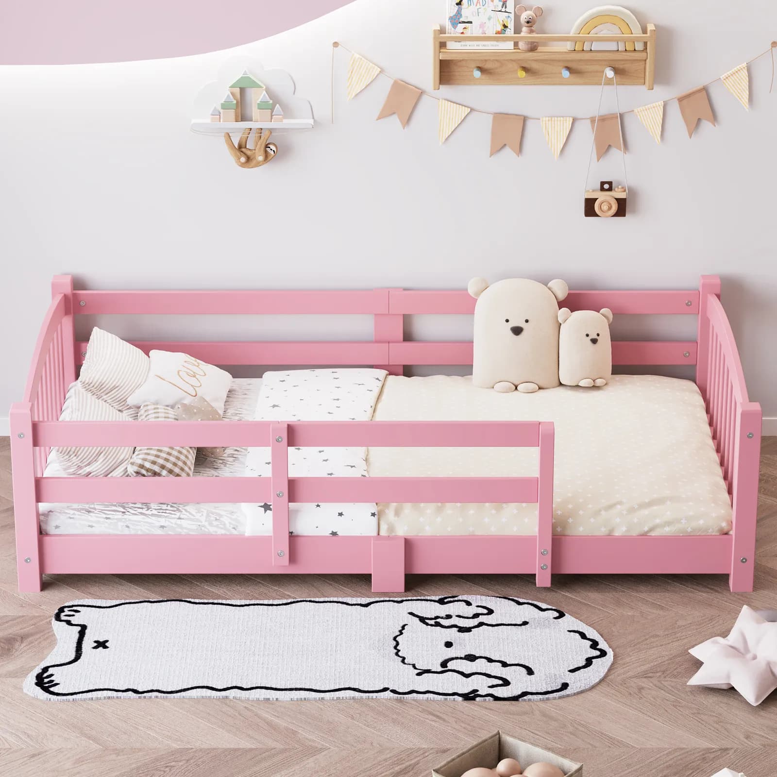 Twin Montessori Floor Bed with Slats and Safety Guardrails, Solid Wood Floor Bed with…