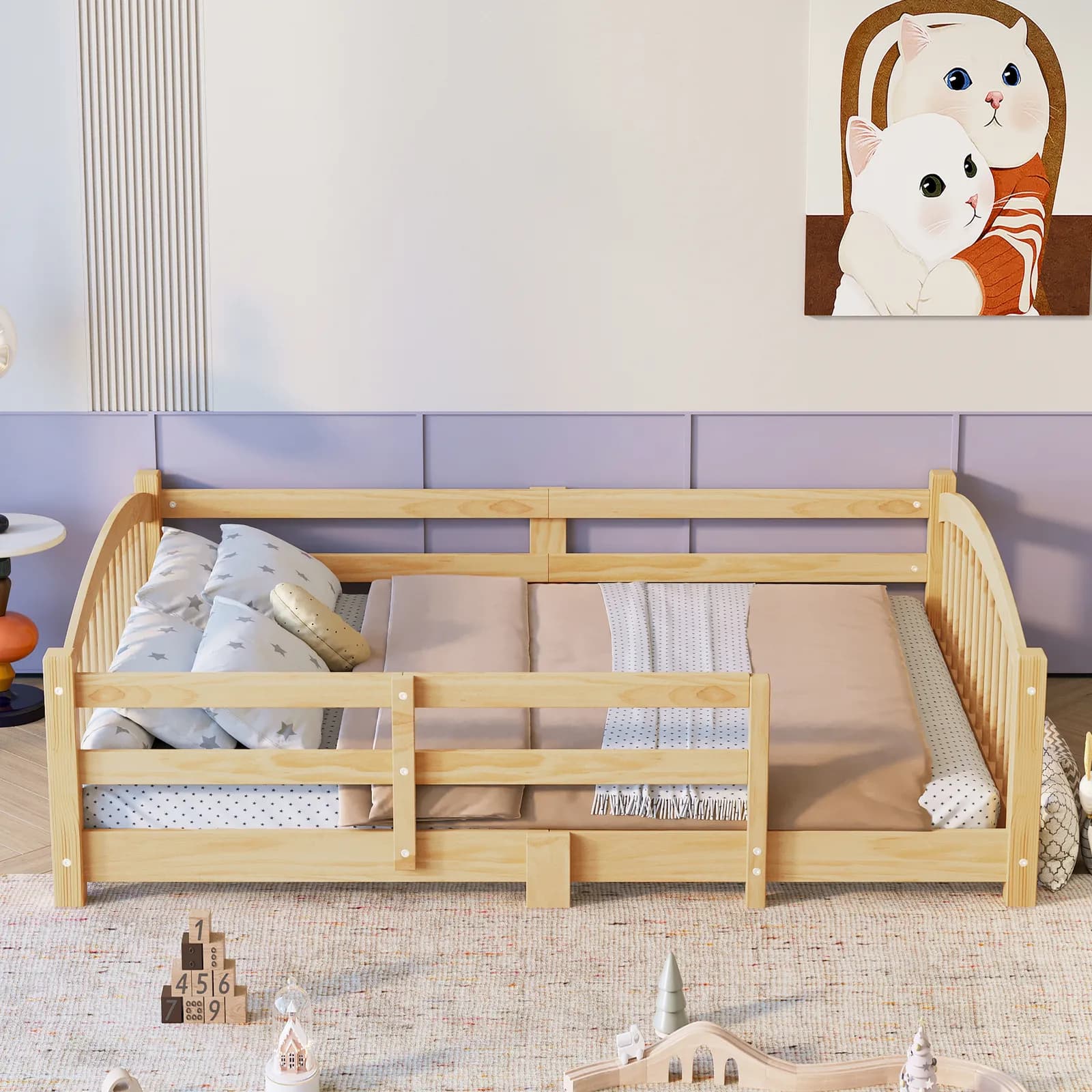Full Montessori Floor Bed with Slats and Safety Guardrails, Solid Wood Floor Bed with…