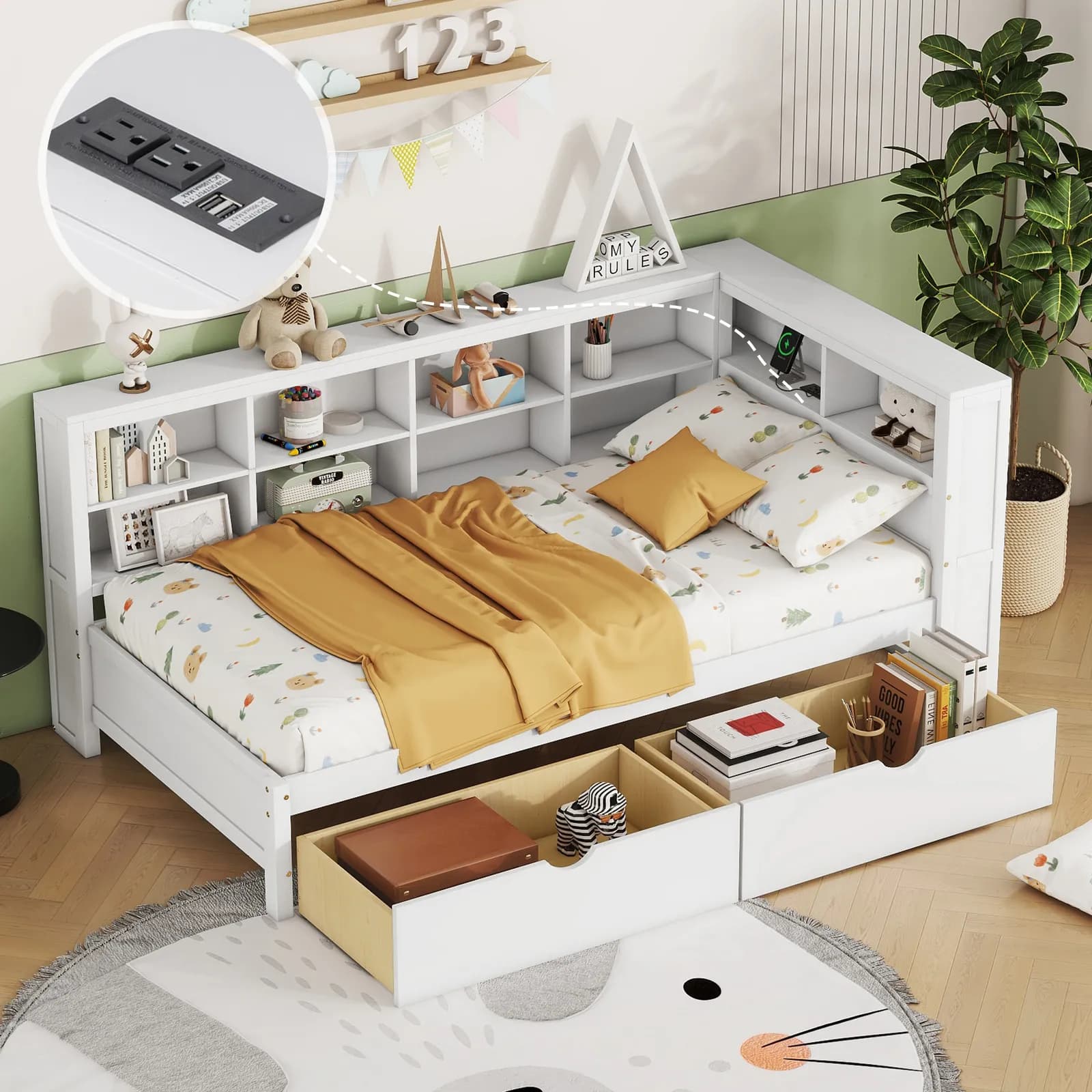 Wooden Twin Size DayBed with 2 Drawers, DayBed with Storage Shelf and USB Charging Ports,…