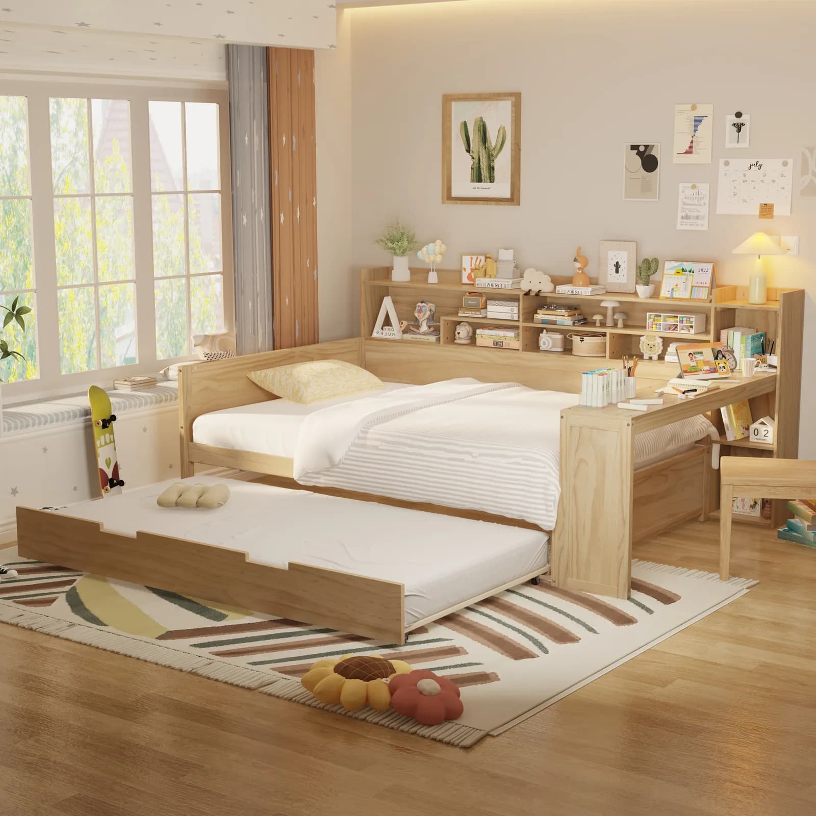 Wooden Full Size Daybed with Storage Shelves, Multi-functional Bed with Twin Size Trundle…
