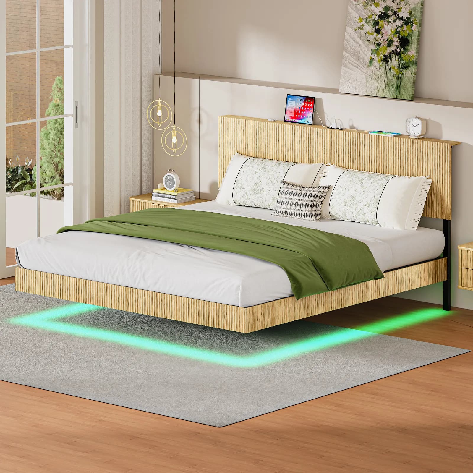 Oak King floating bedstead, with charging station and LED lights, wavy headboard, with…